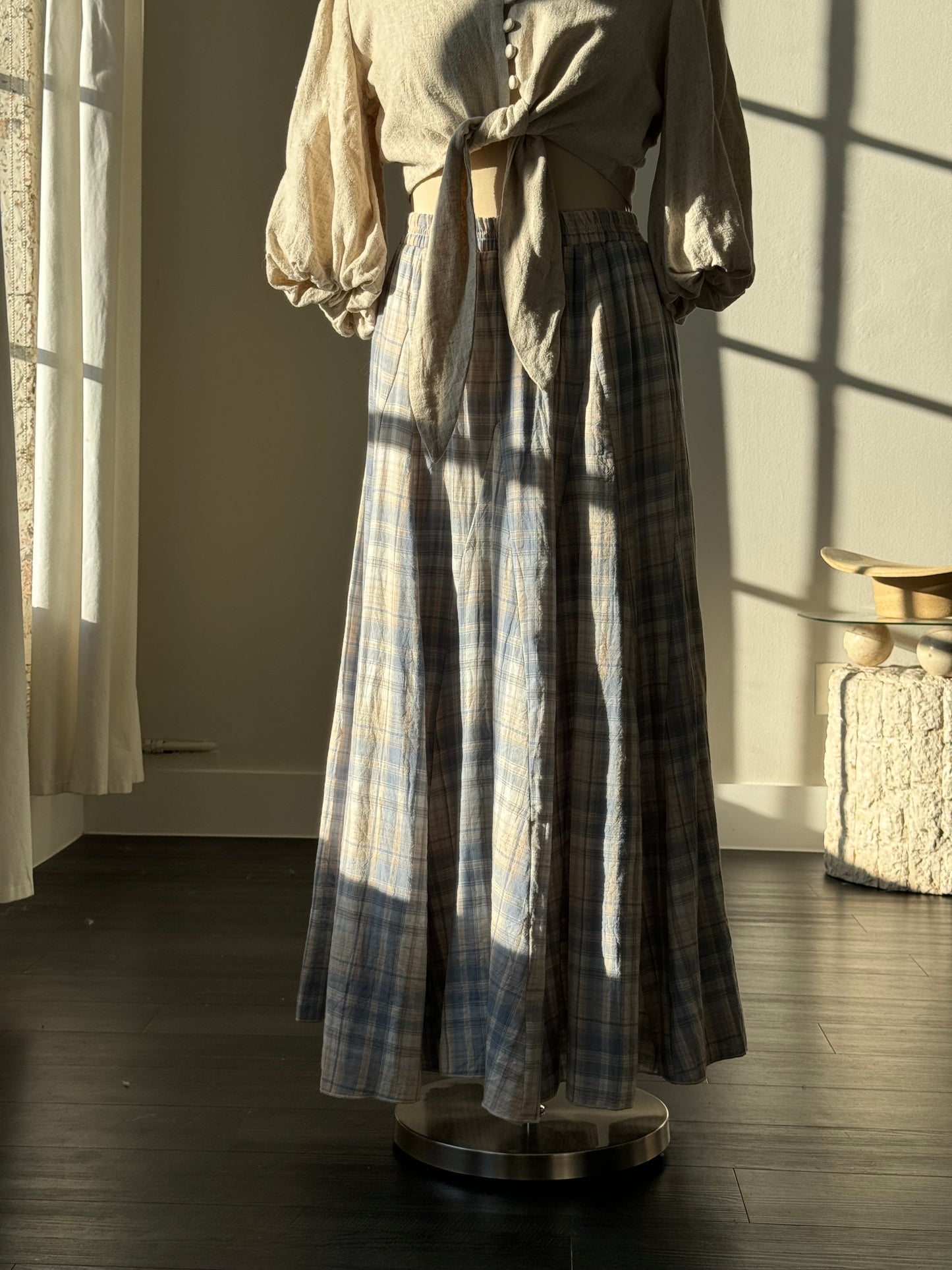 Annie Cotton Plaid Maxi Prairie Skirt In Vintage Blue