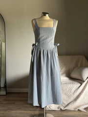 Harly Side Tie Cotton Midi Dress In Dust Blue