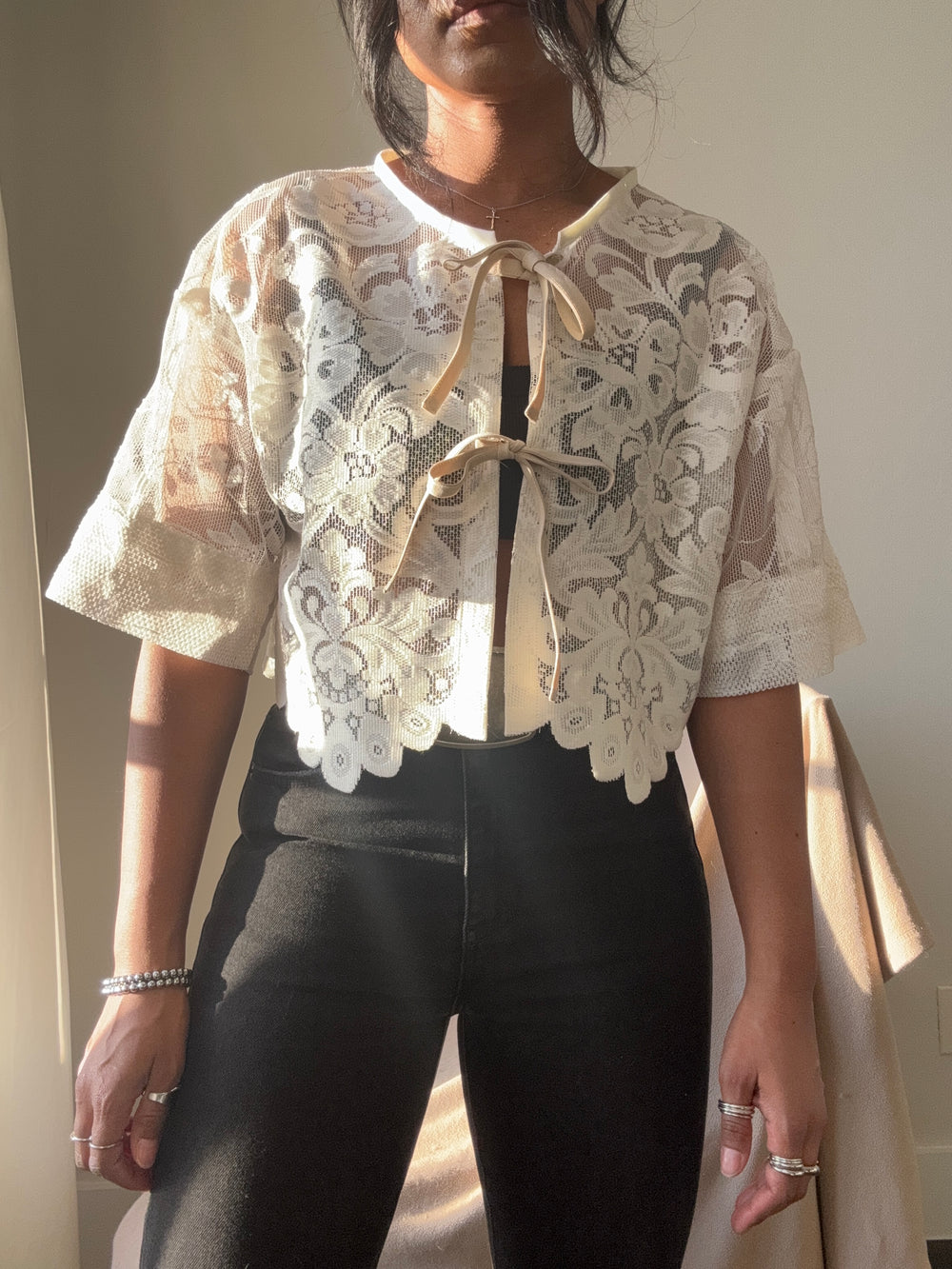 Sherie Handcrafted Vintage Lace Tie Top In Ivory
