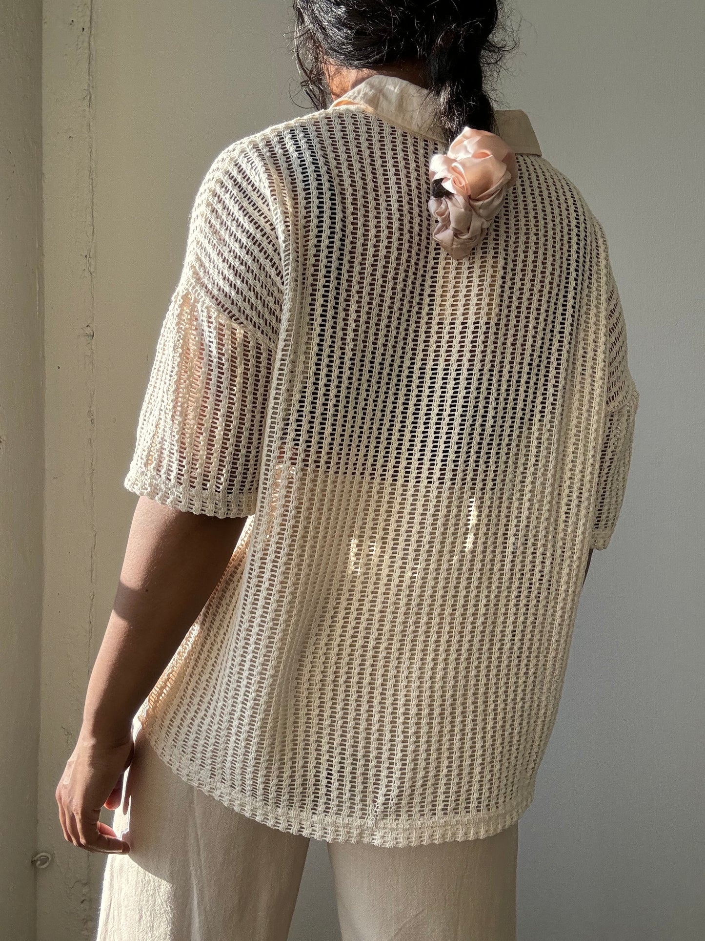 Marsha Crochet Short Sleeve Button Down Shirt In Ivory Cream
