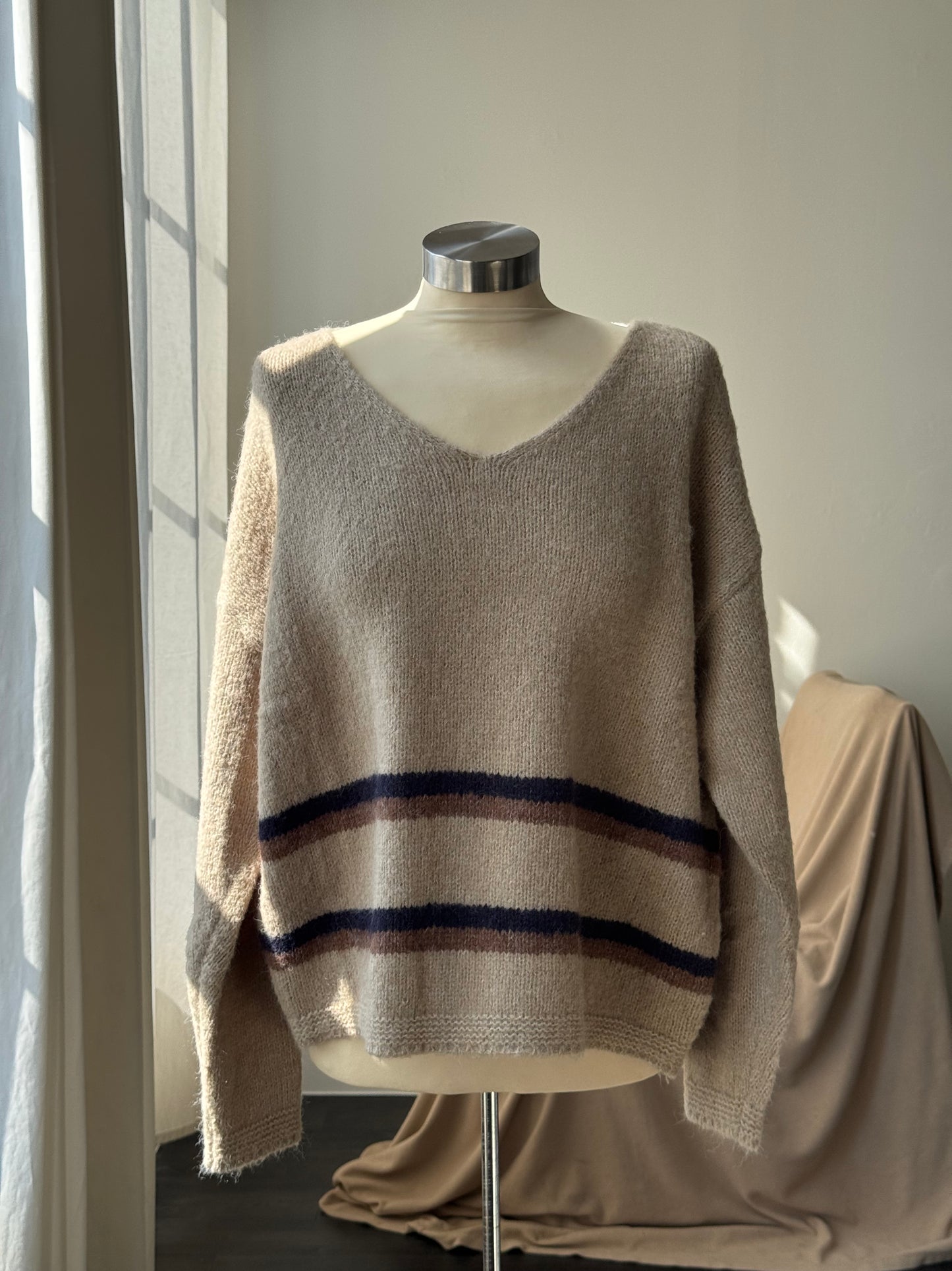 Nora V Neck Striped Pullover Sweater In Taupe￼￼