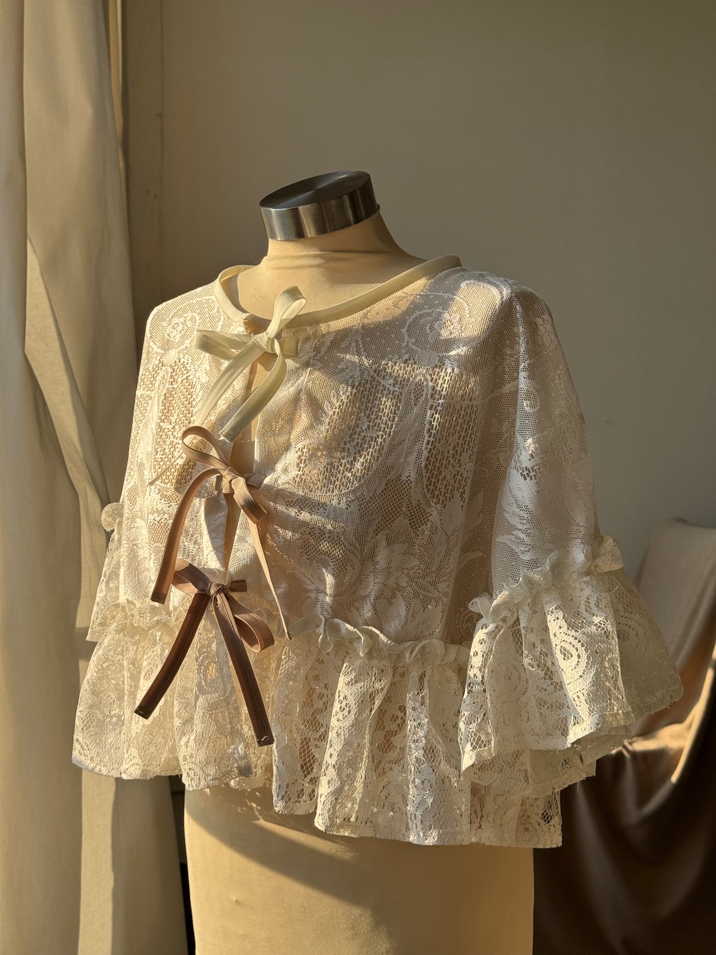Eliza Vintage Lace Handcrafted Ruffle Top In Ivory White