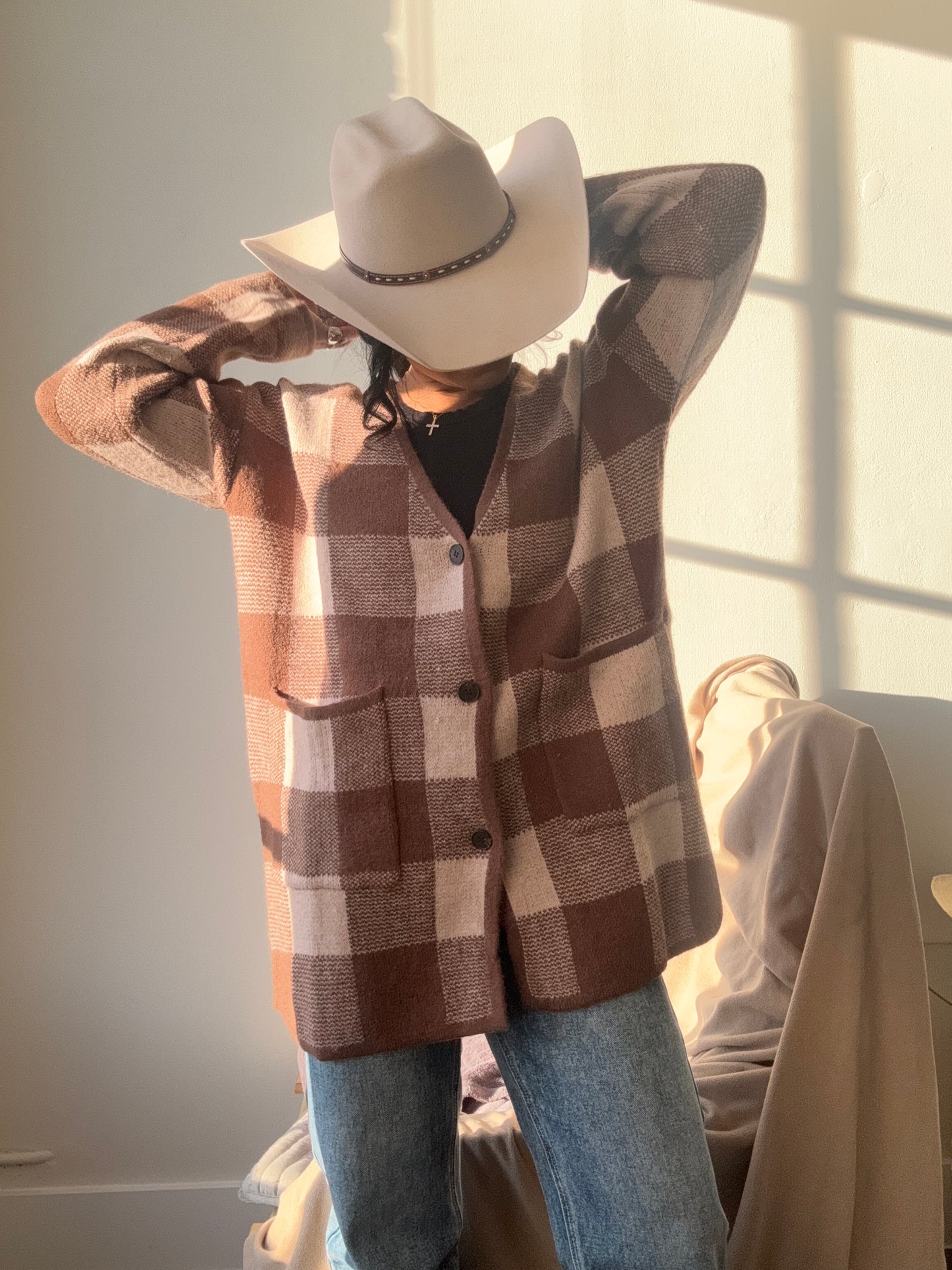 Sadie Plaid Check Sweater In Mocha