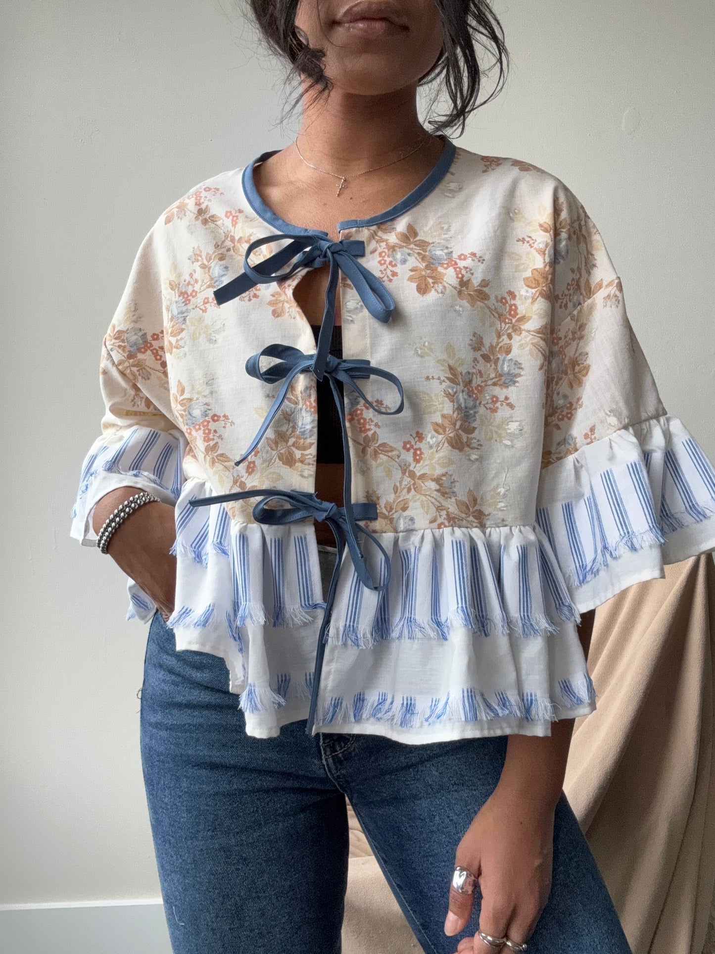 Joycie Cotton Handmade Floral & Fringe Ruffle Top In Vintage Blue