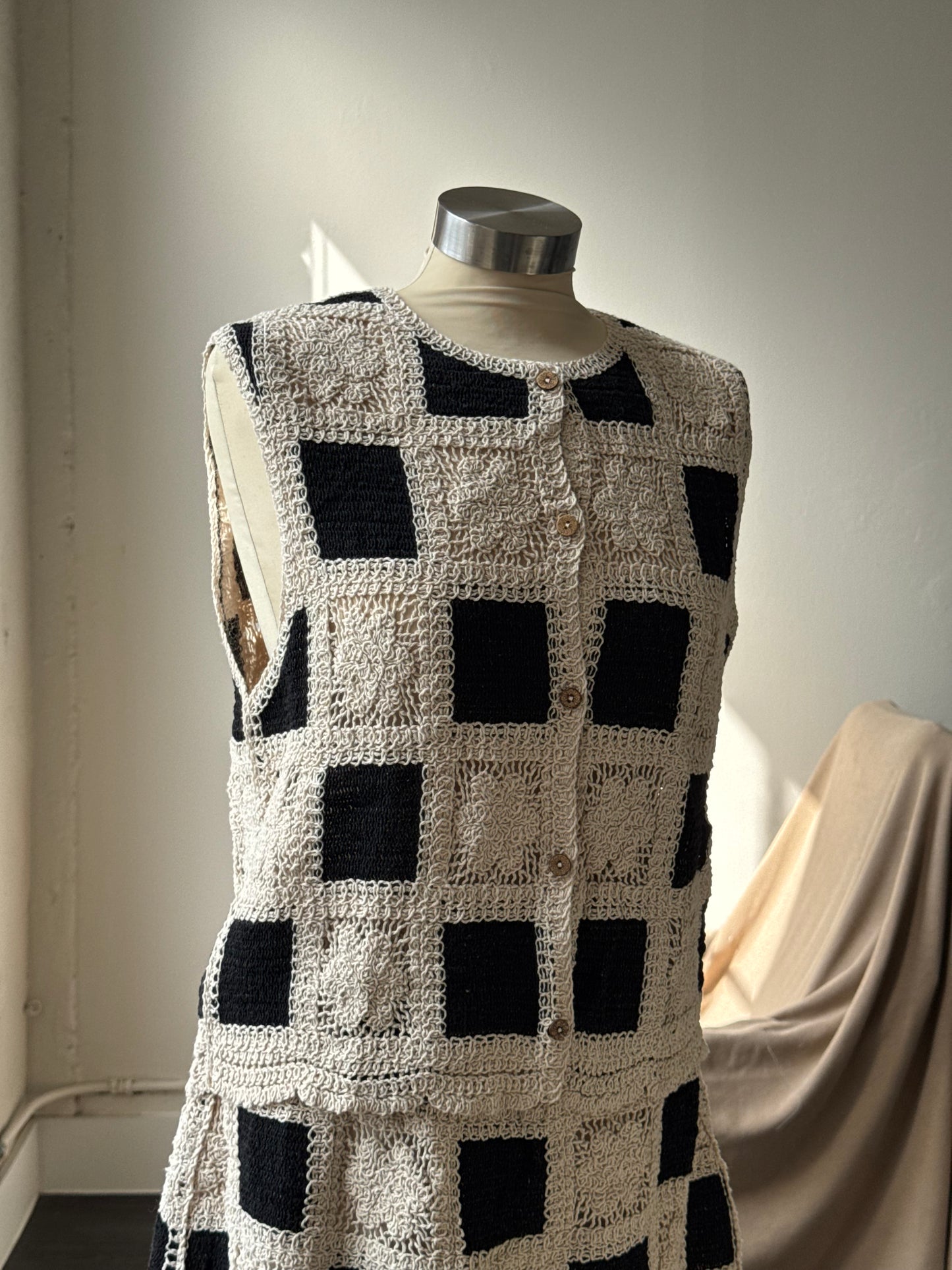 Katie Cotton Crochet Check Button Front Vest In Black