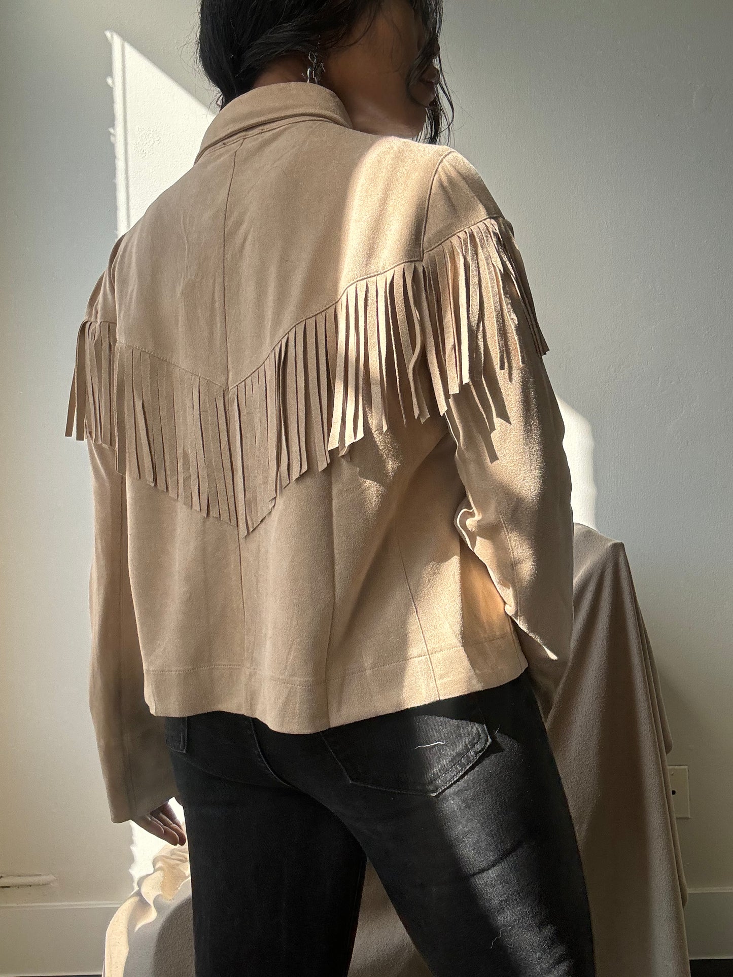 Brooks Cropped Fringe Suede Modern Western Shacket In Taupe