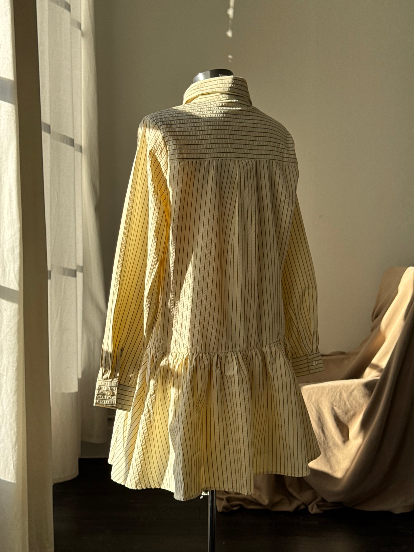 Cynthia Cotton Button Down Long Sleeve Striped Dress In Vanilla & Brown￼