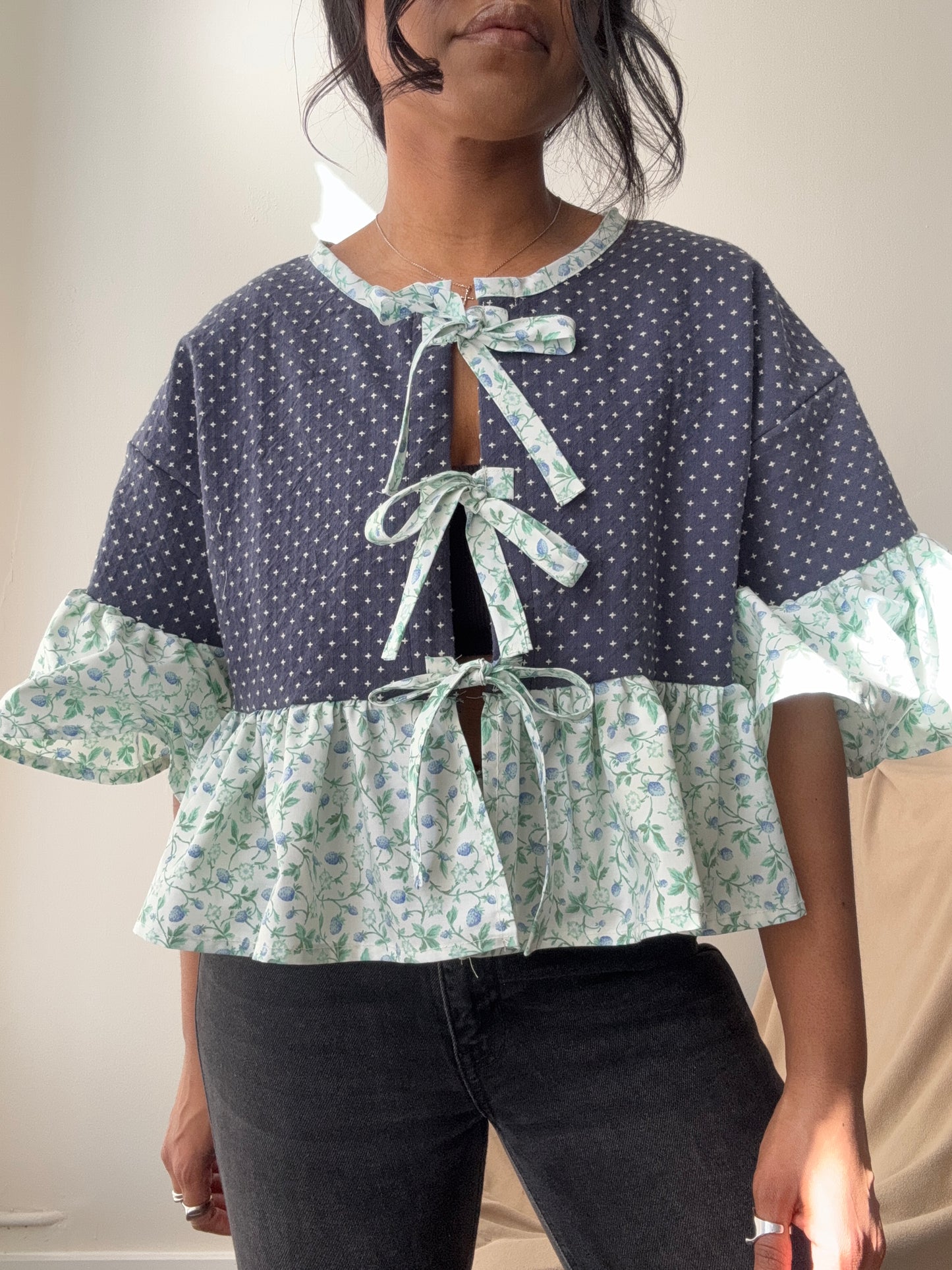 Brenda Vintage Cotton Handcrafted Ruffle Top In Navy