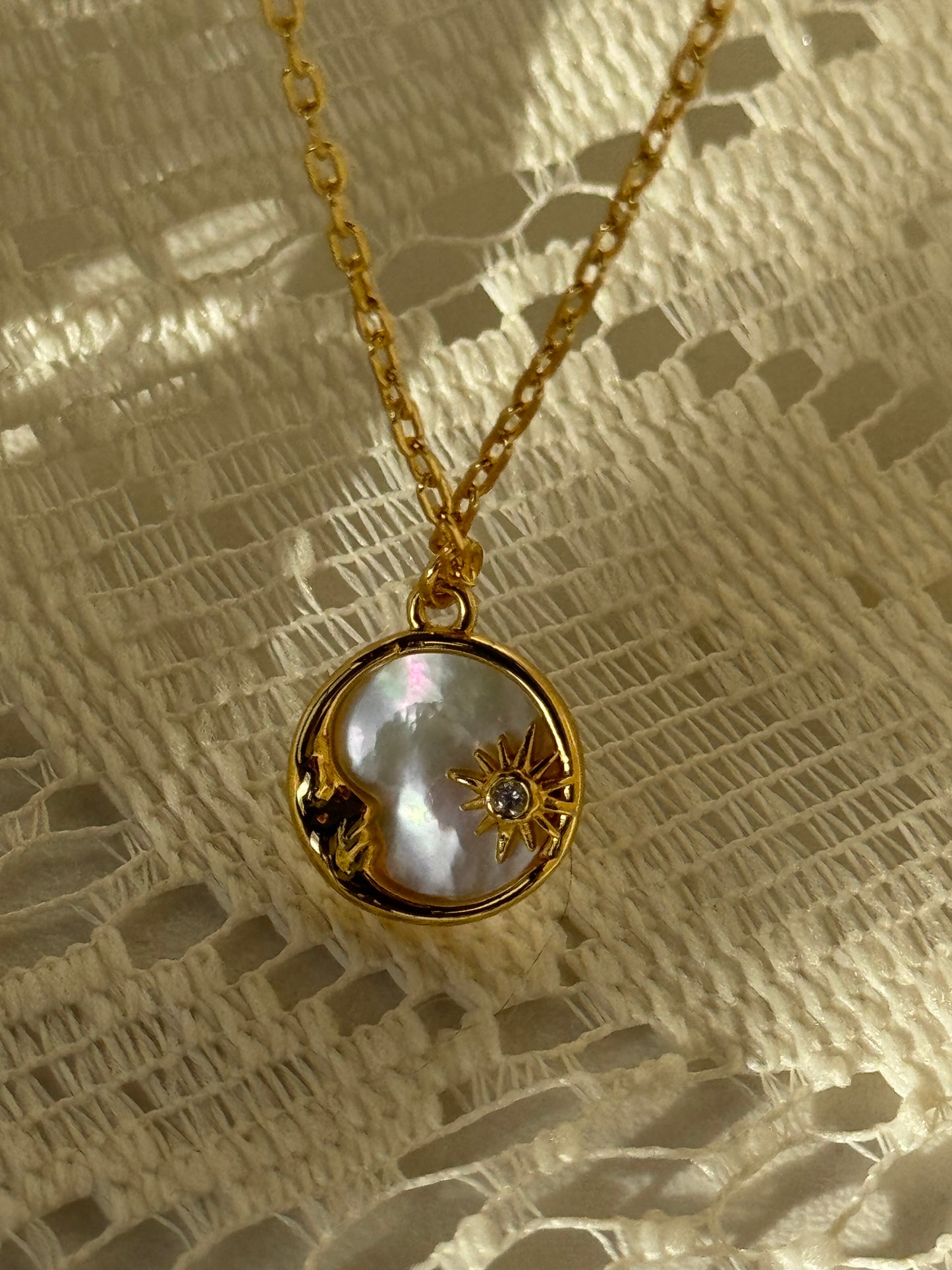 Star & Moon Mother Of Pearl Charm Necklace In Gold￼
