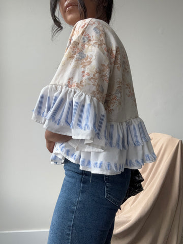 Joycie Cotton Handmade Floral & Fringe Ruffle Top In Vintage Blue