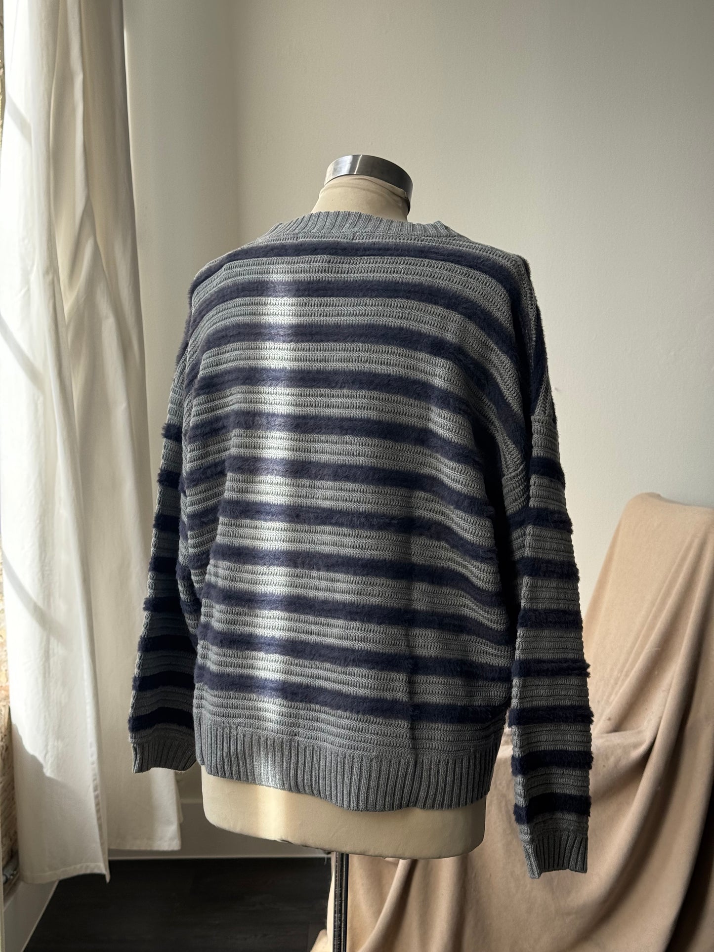 Henry Cotton Crew Neck Striped Pullover Sweater In Midnight Navy