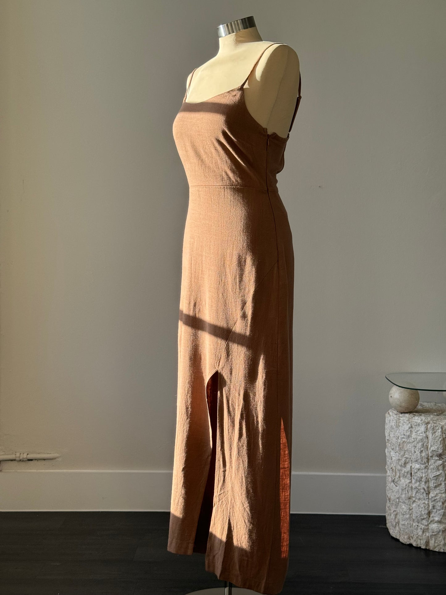 Dawson Linen Side Slit Maxi Dress In Taupe