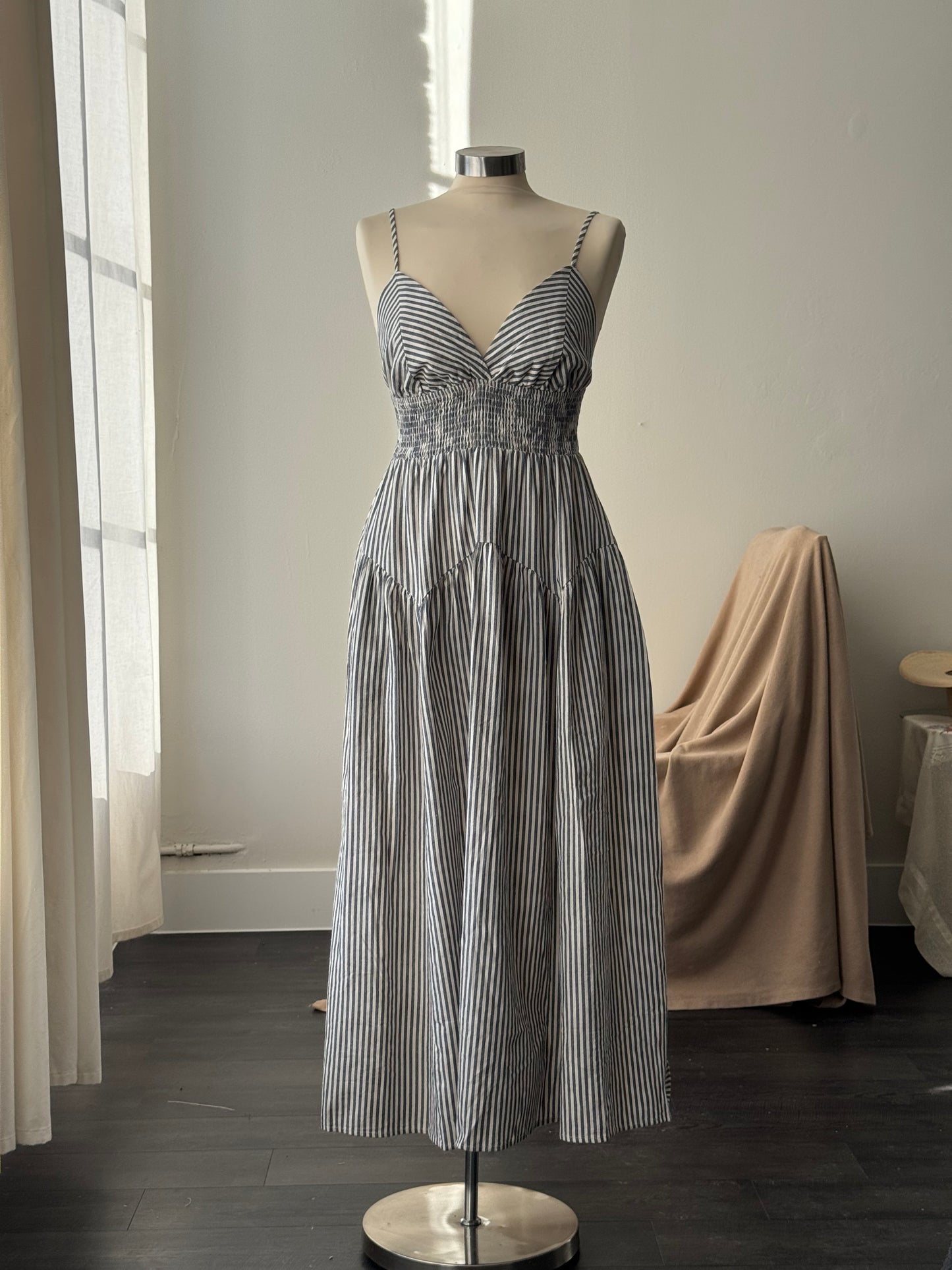 Cherie Cotton Striped Midi Dress In Midnight Navy