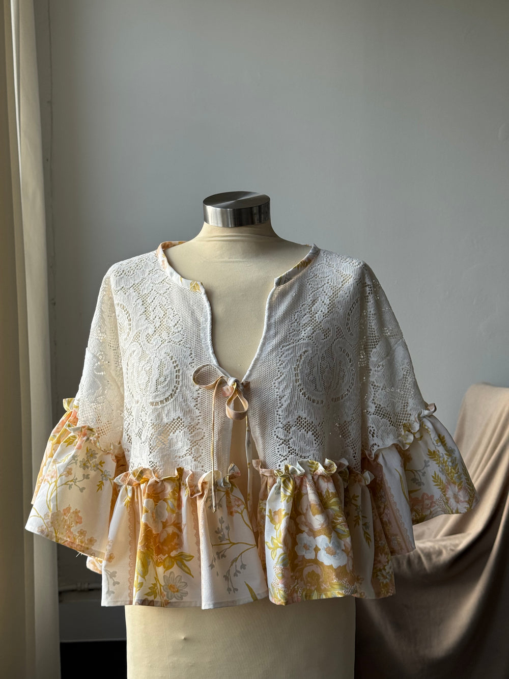 Joycie Vintage Cotton Crochet Handcrafted Ruffle Top In Melon