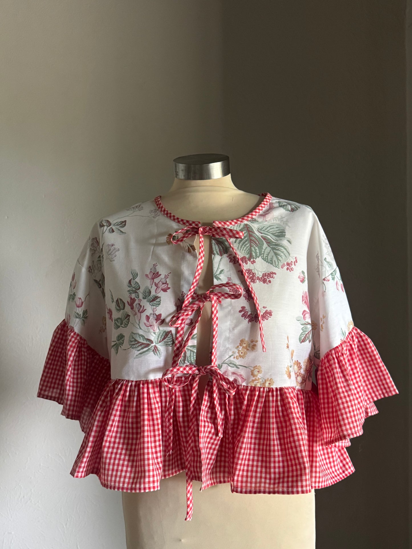 Joycie Vintage Handcrafted Gingham Floral Ruffle Top