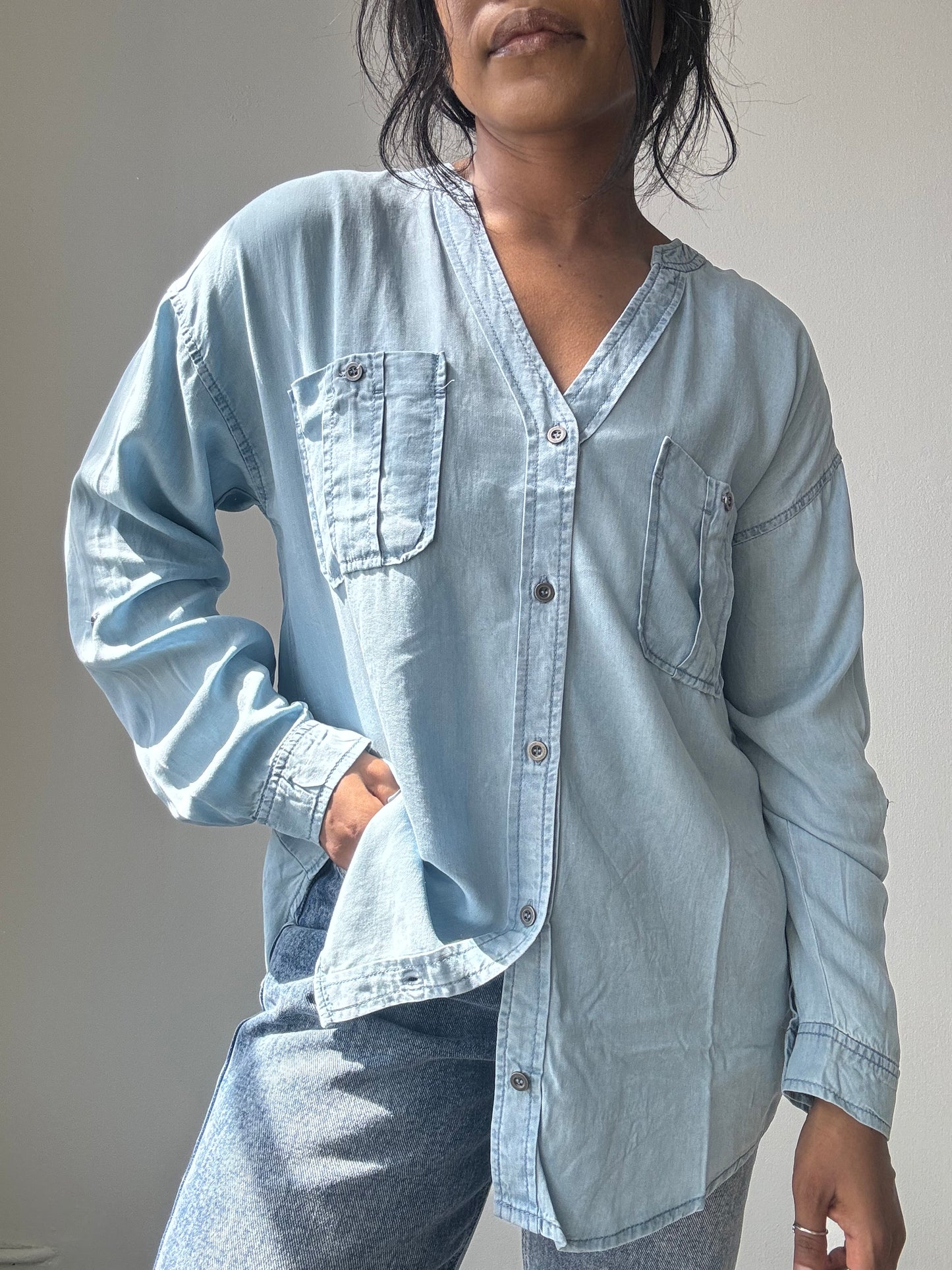 Clark Tencel Utility Button Down Shirt In Light Denim