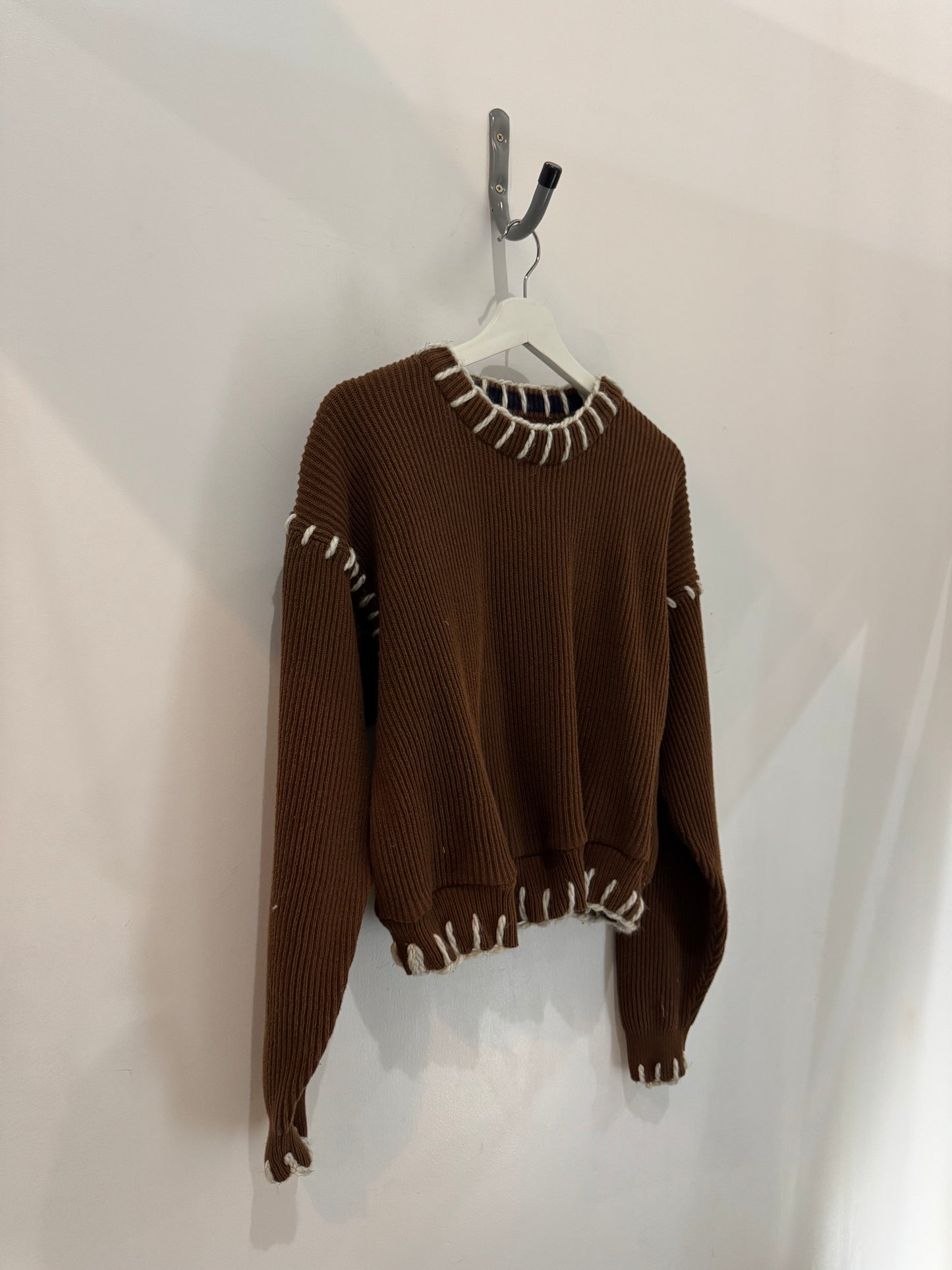 Sloppy Joe Handcrafted Cowboy Blanket Stitch Chunky Sweater In Brown