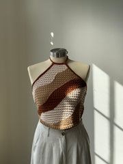 Billie Cotton Crochet Wave Open Back Halter Top In Brown