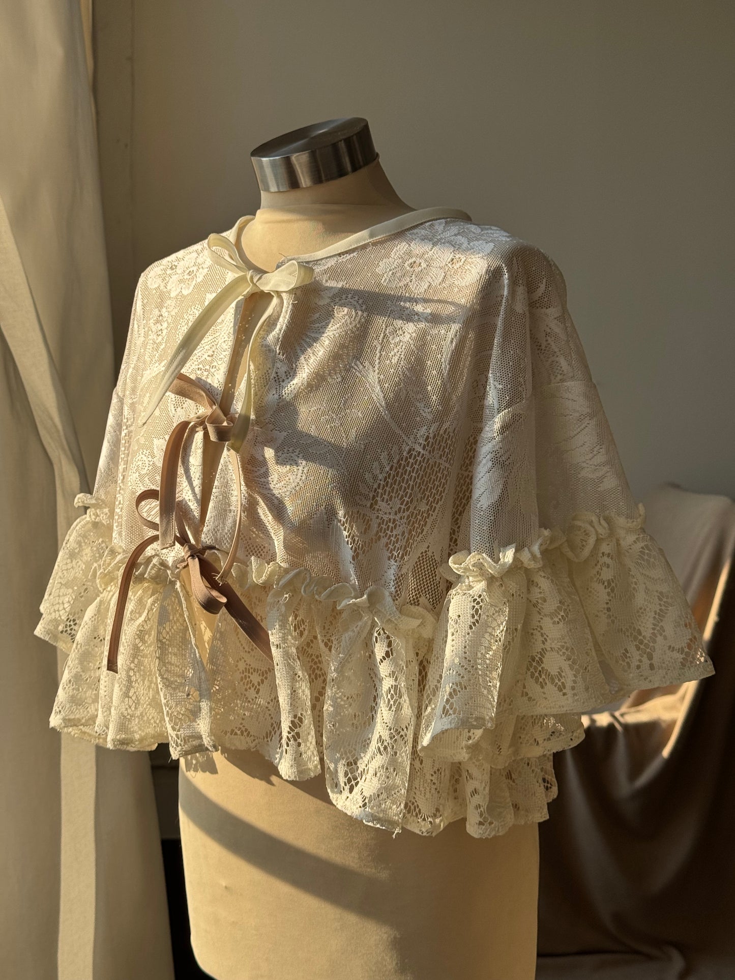 Eliza Two Tone Vintage Lace Handcrafted Ruffle Top In Ivory