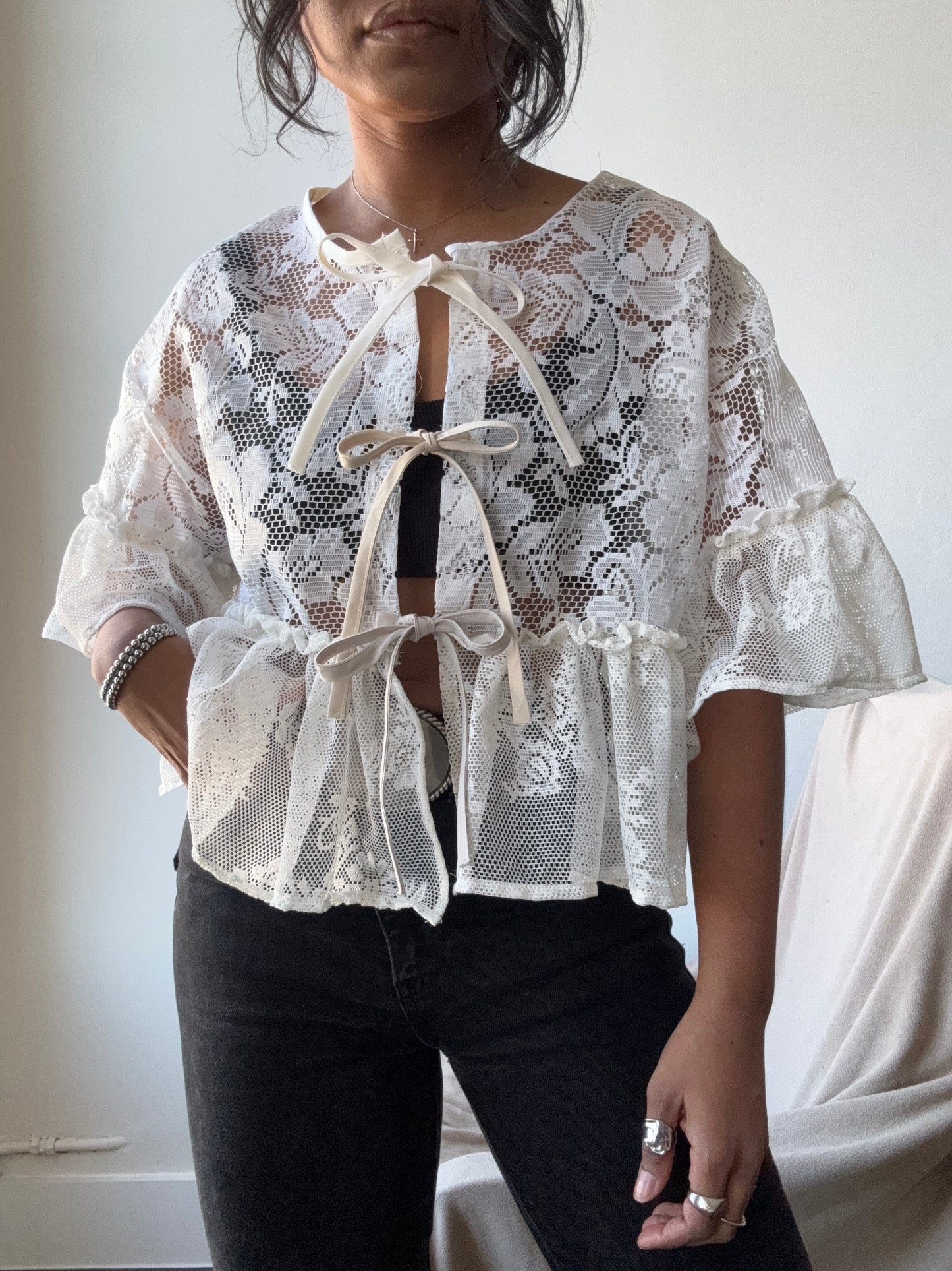 Eliza Vintage Lace Handcrafted Ruffle Top In Napoleon