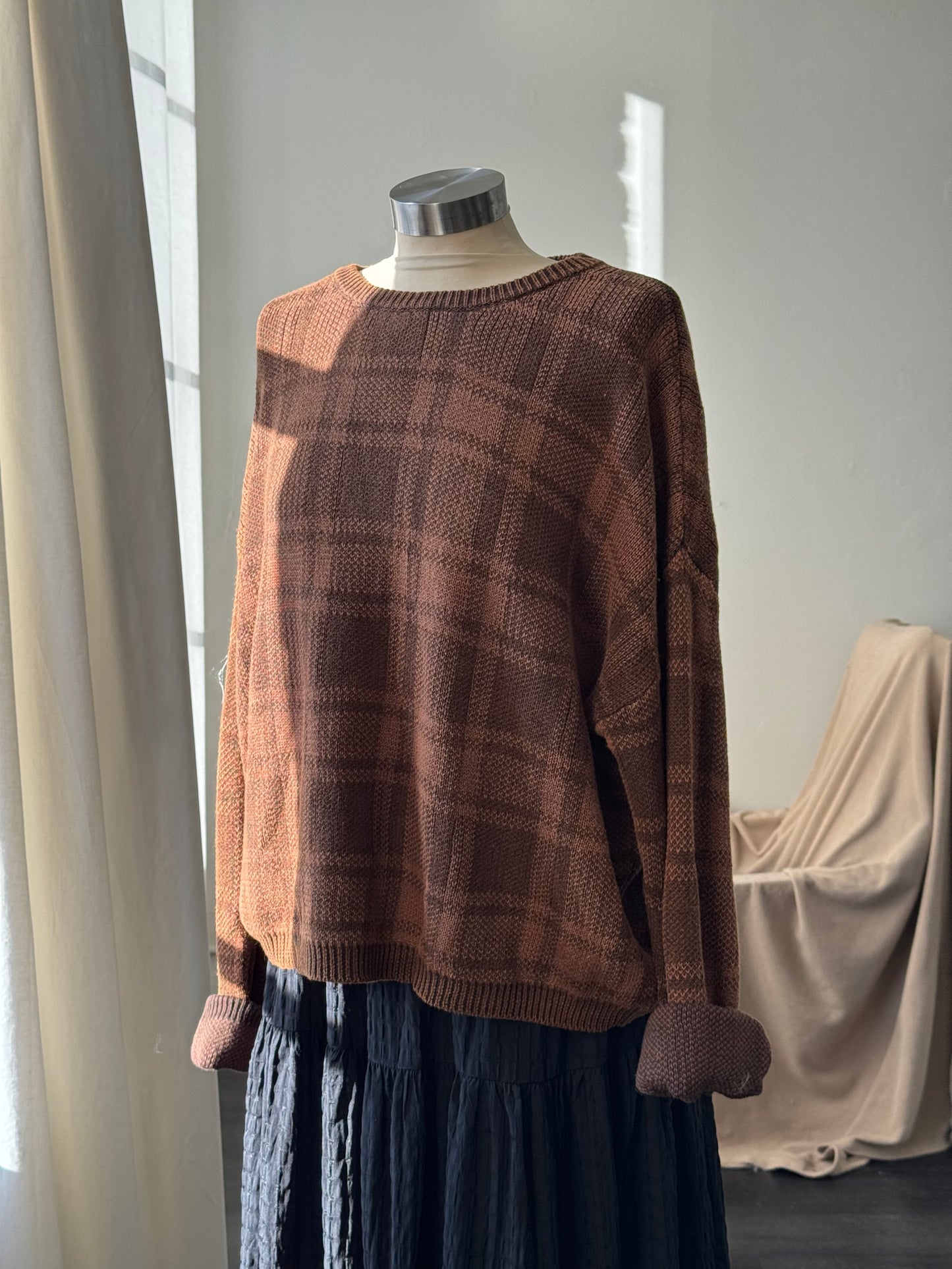 Quinn Cotton Plaid Pullover Sweater In Mocha Brown