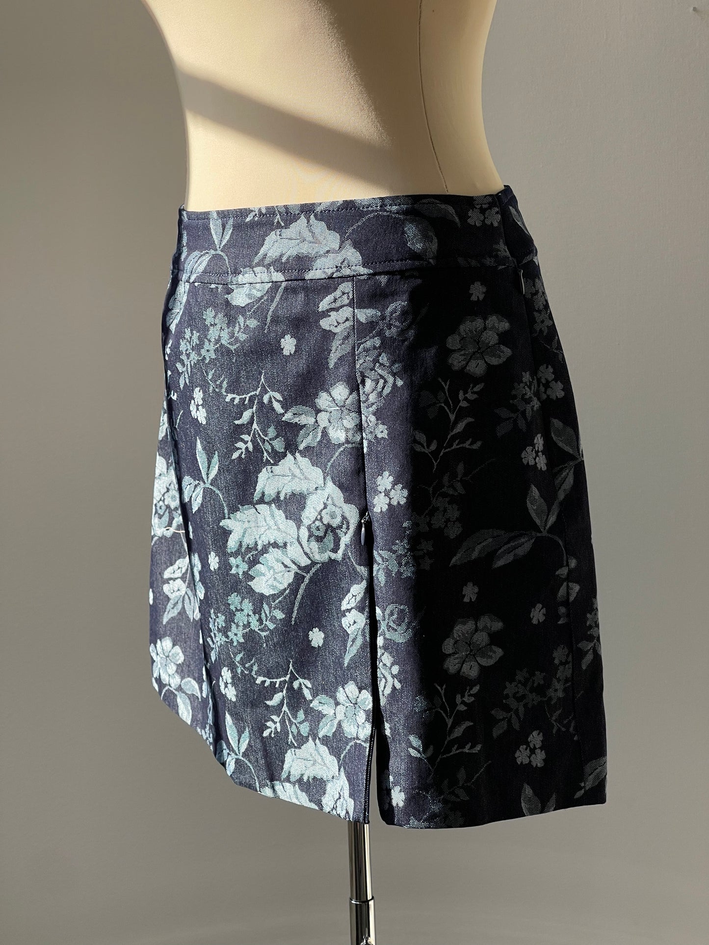 Coraline Floral Zip Slit Mini Skirt In Denim Indigo