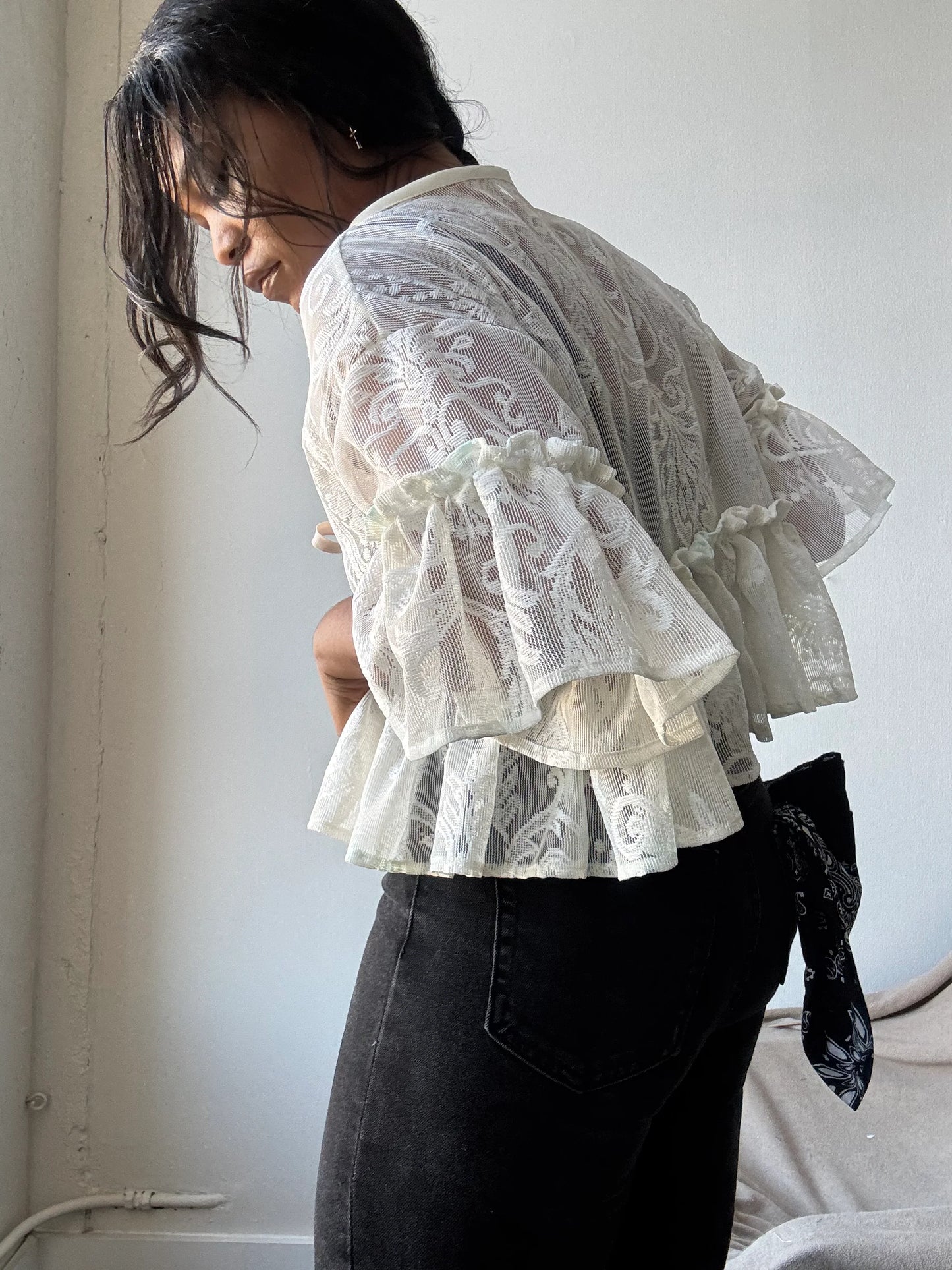 Eliza Vintage Lace Handcrafted Ruffle Top In Napoleon Cream
