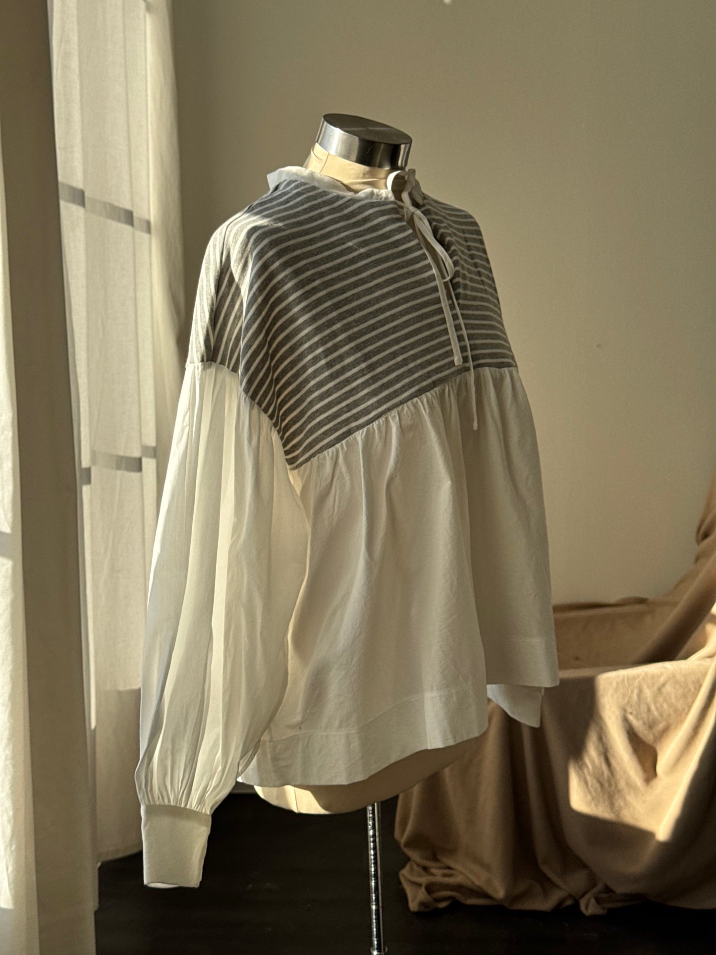 Chasity Cotton Mock Tie Neck Striped Two Tone Top In Grey￼