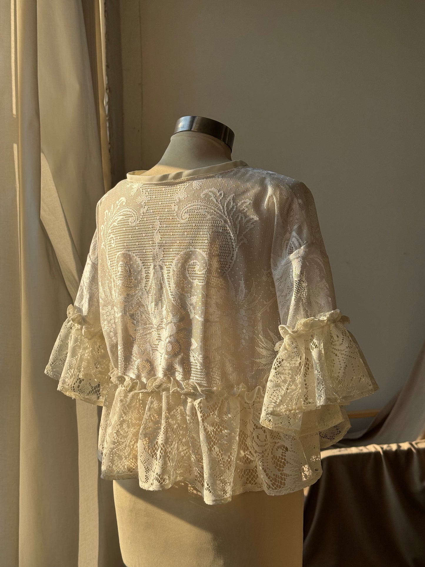 Eliza Two Tone Vintage Lace Handcrafted Ruffle Top In Ivory
