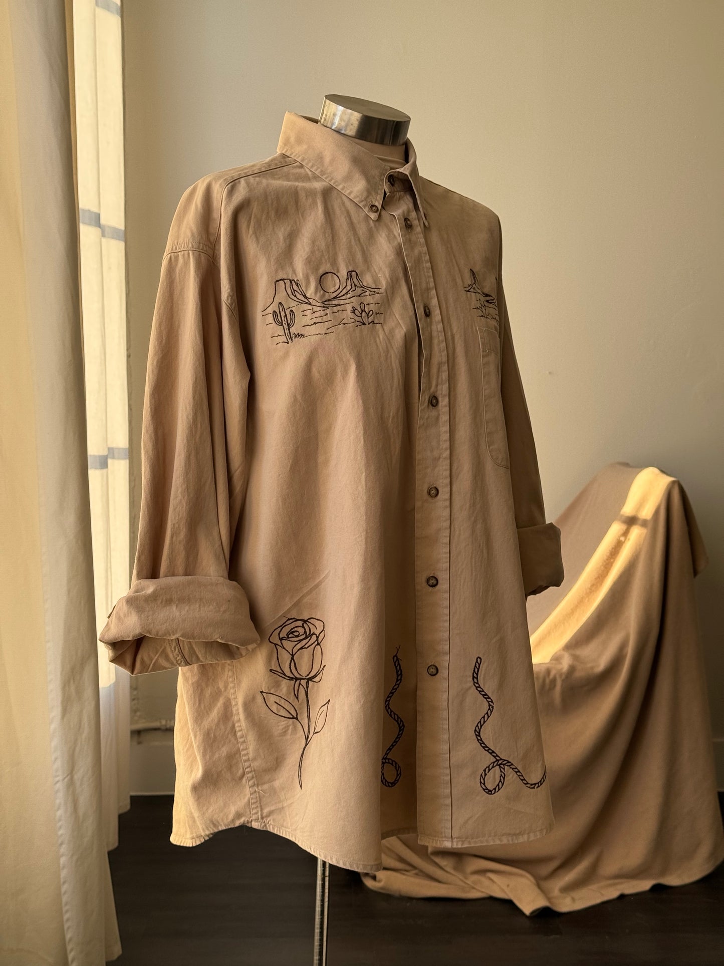 Jaxson Handcrafted Embroidered Button Down In Brown Sugar