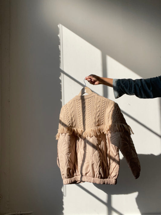 Carson Quilted Cable Knit & Fringe Jacket In Sand