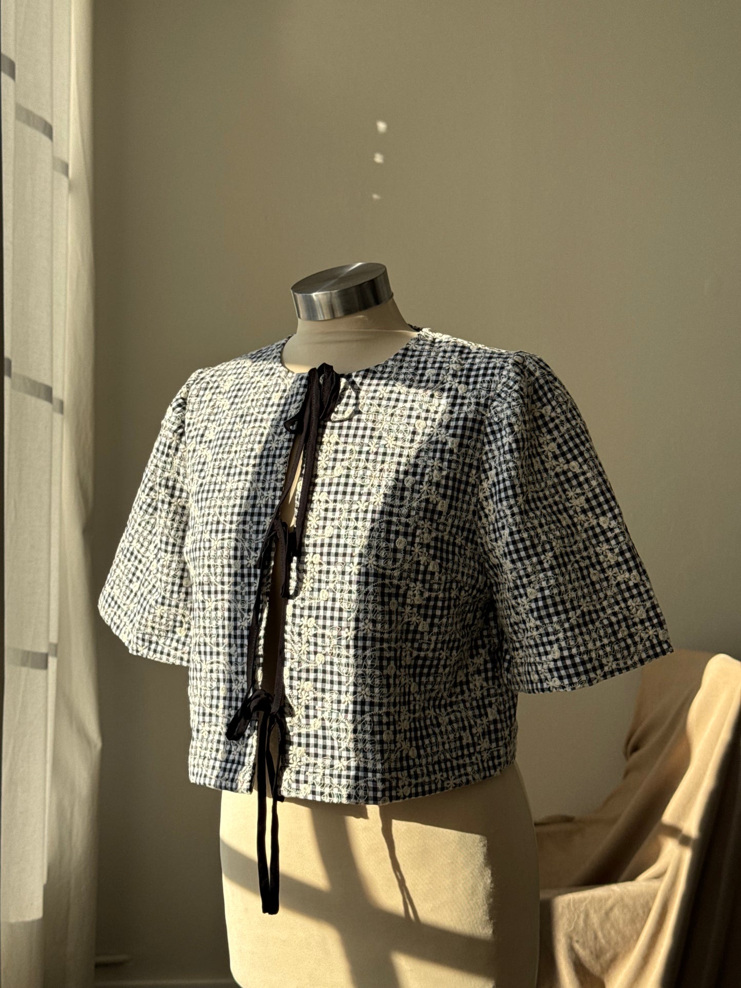 Toni Cotton Embroidered Tie Front Top In Black Floral Gingham￼ ￼