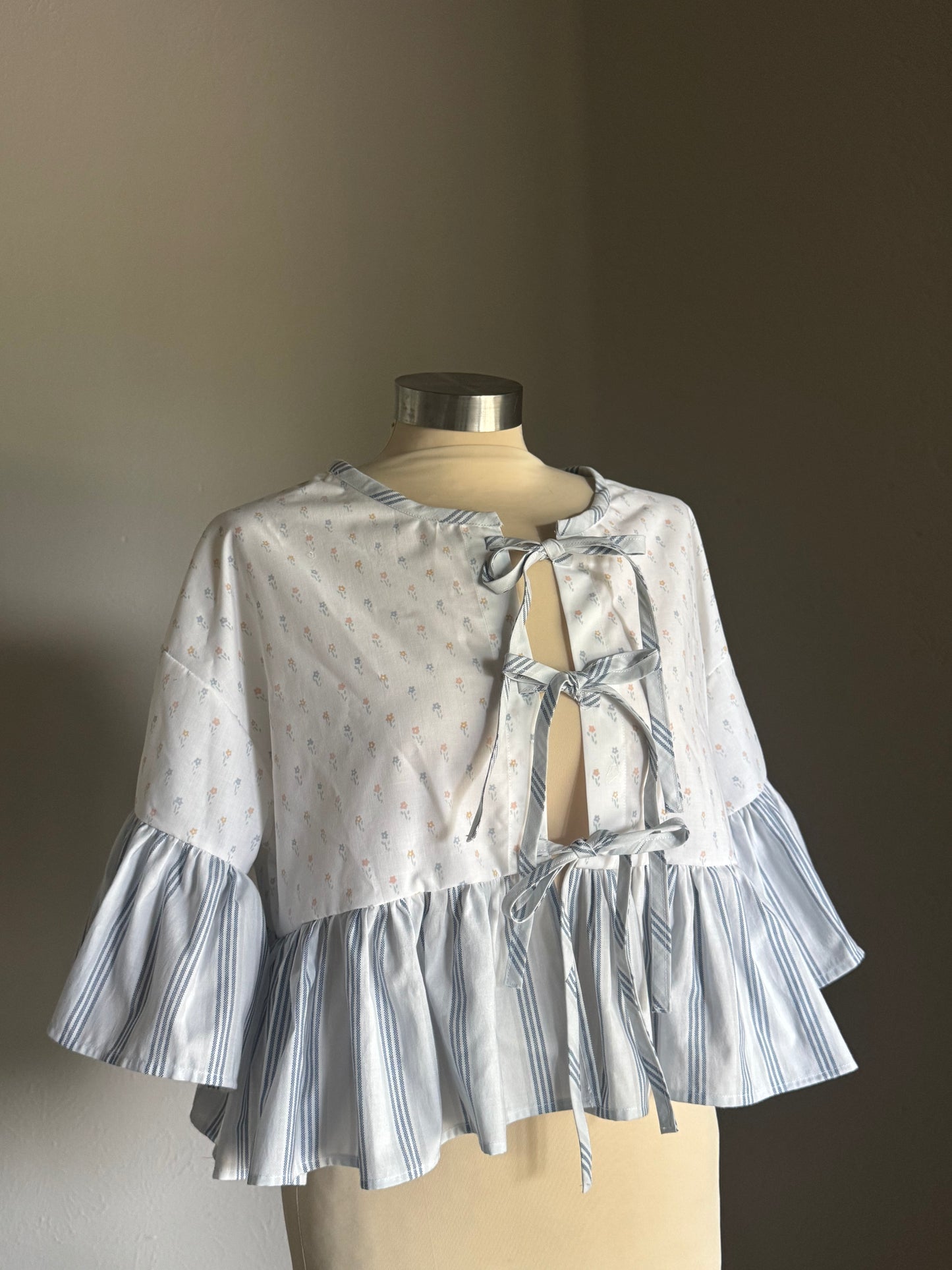 Joycie Vintage Handcrafted Striped Floral Ruffle Top