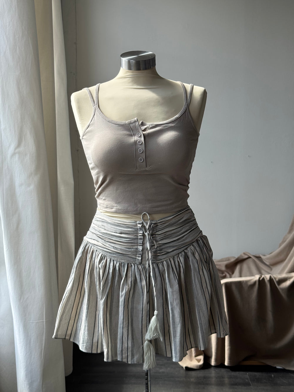 Baily Cotton Striped Drop Waist Mini Skirt In Natural