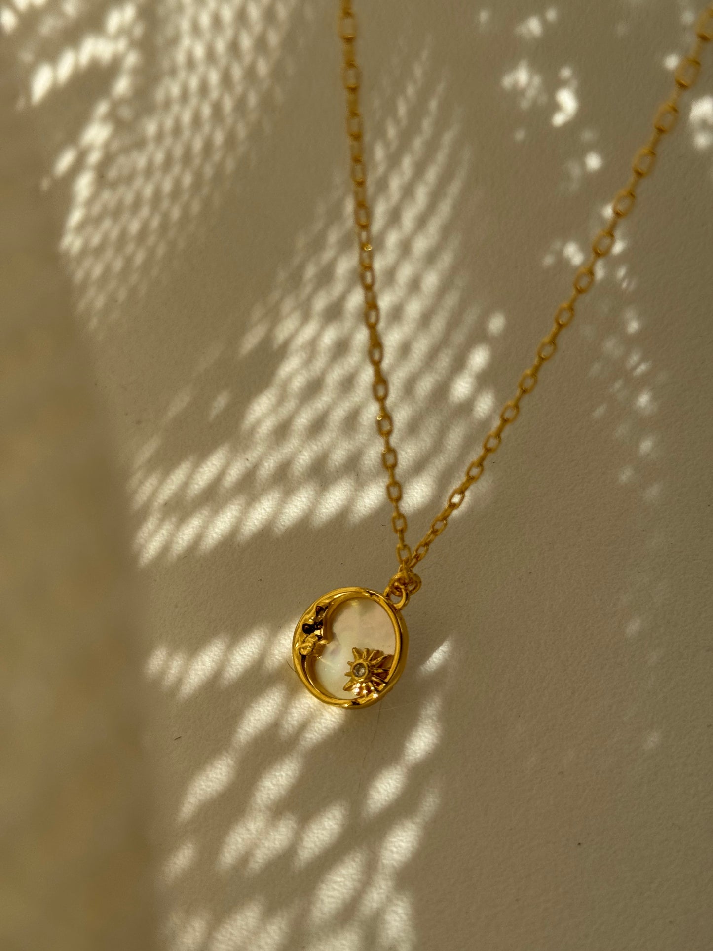 Star & Moon Mother Of Pearl Charm Necklace In Gold￼