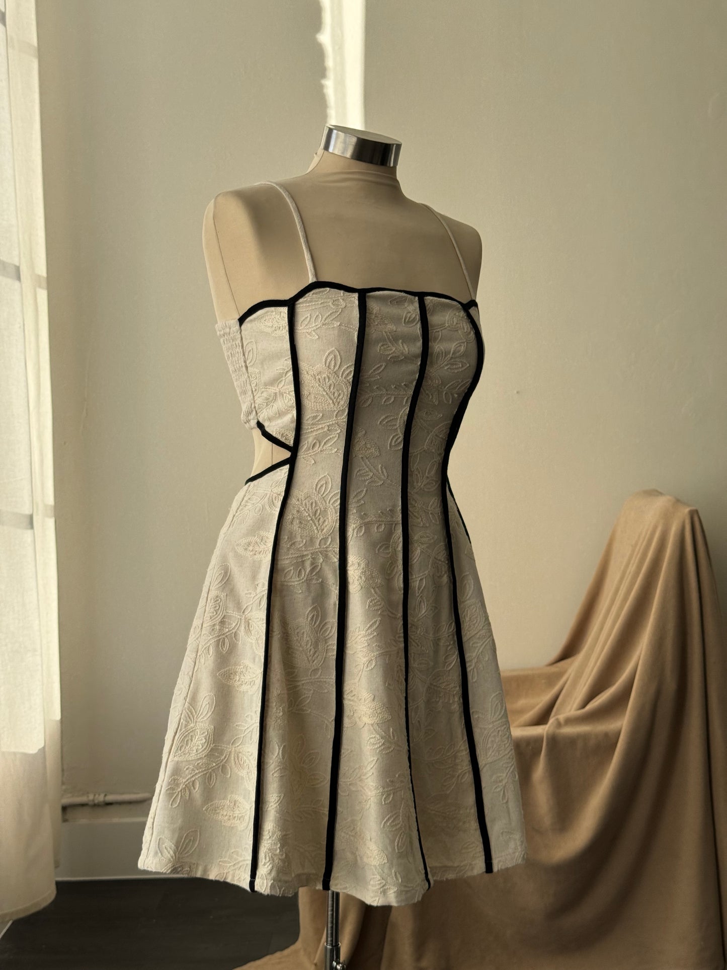 Julisa Cotton & Linen Pipping Open Back Embroidered Mini Dress In In Cream