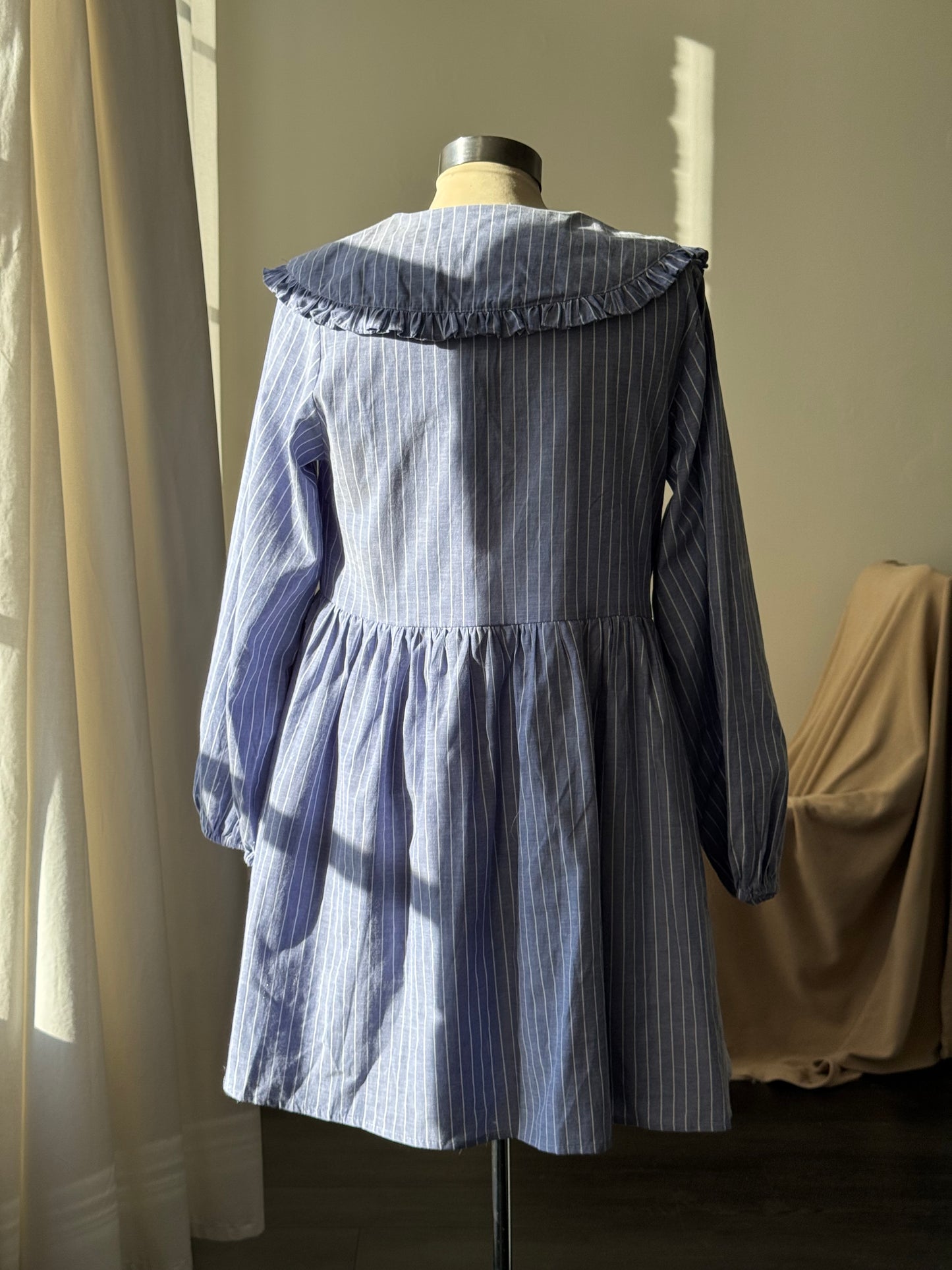 Odessa Cotton Tie Front Ruffle Collar Striped Dress In Vintage Blue￼￼