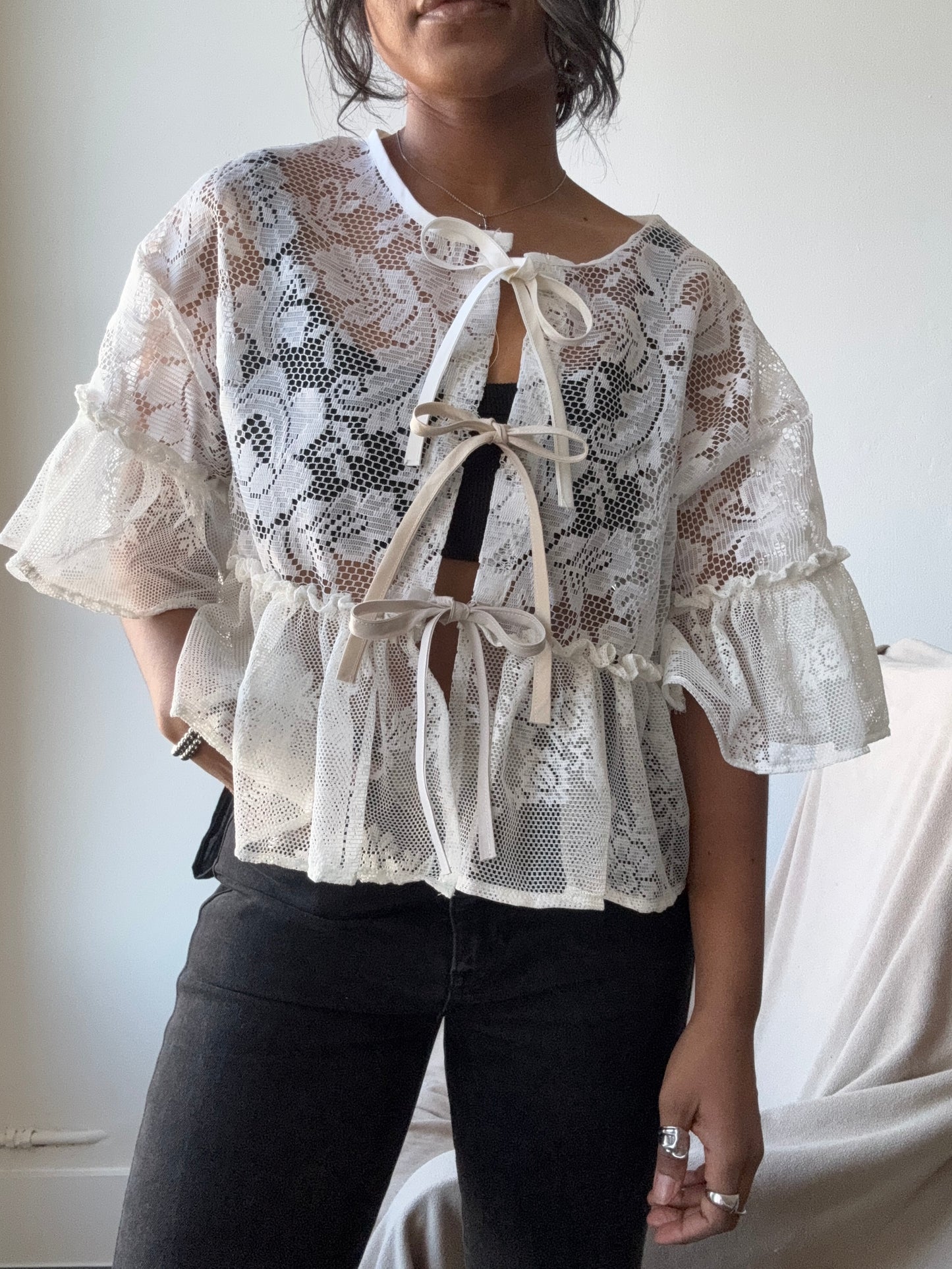 Eliza Vintage Lace Handcrafted Ruffle Top In Napoleon