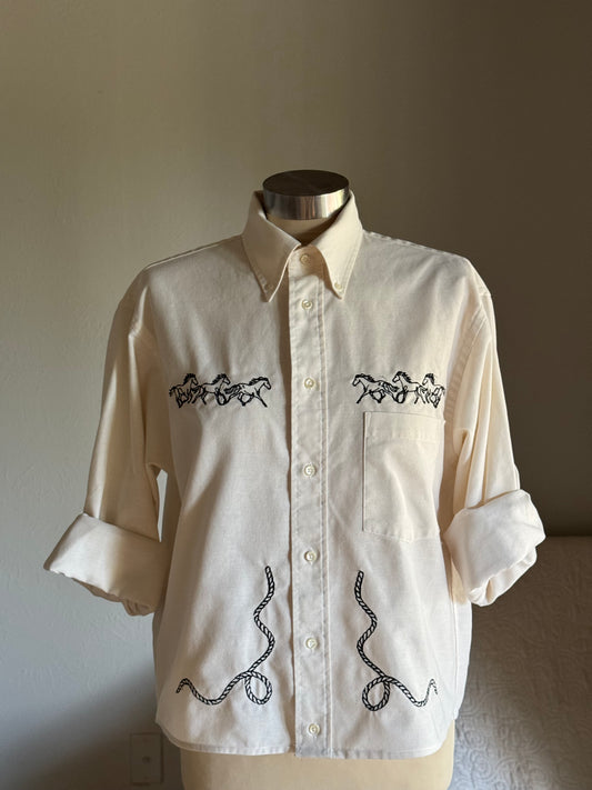 Lawrence Handcrafted Cropped Cotton Button Down Long Sleeve In Vanilla