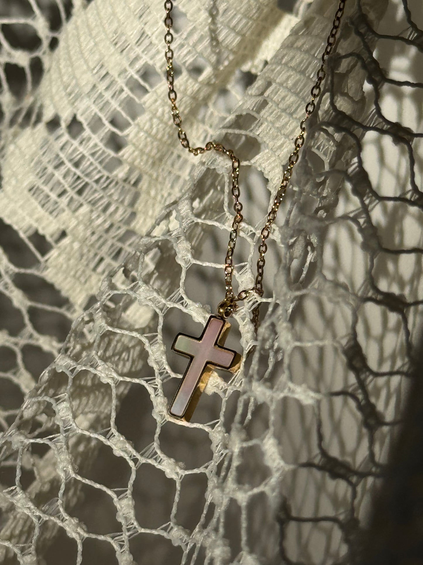 Oliver Mother Of Pearl 18k Stainless Steel Waterproof Cross Necklace In Gold