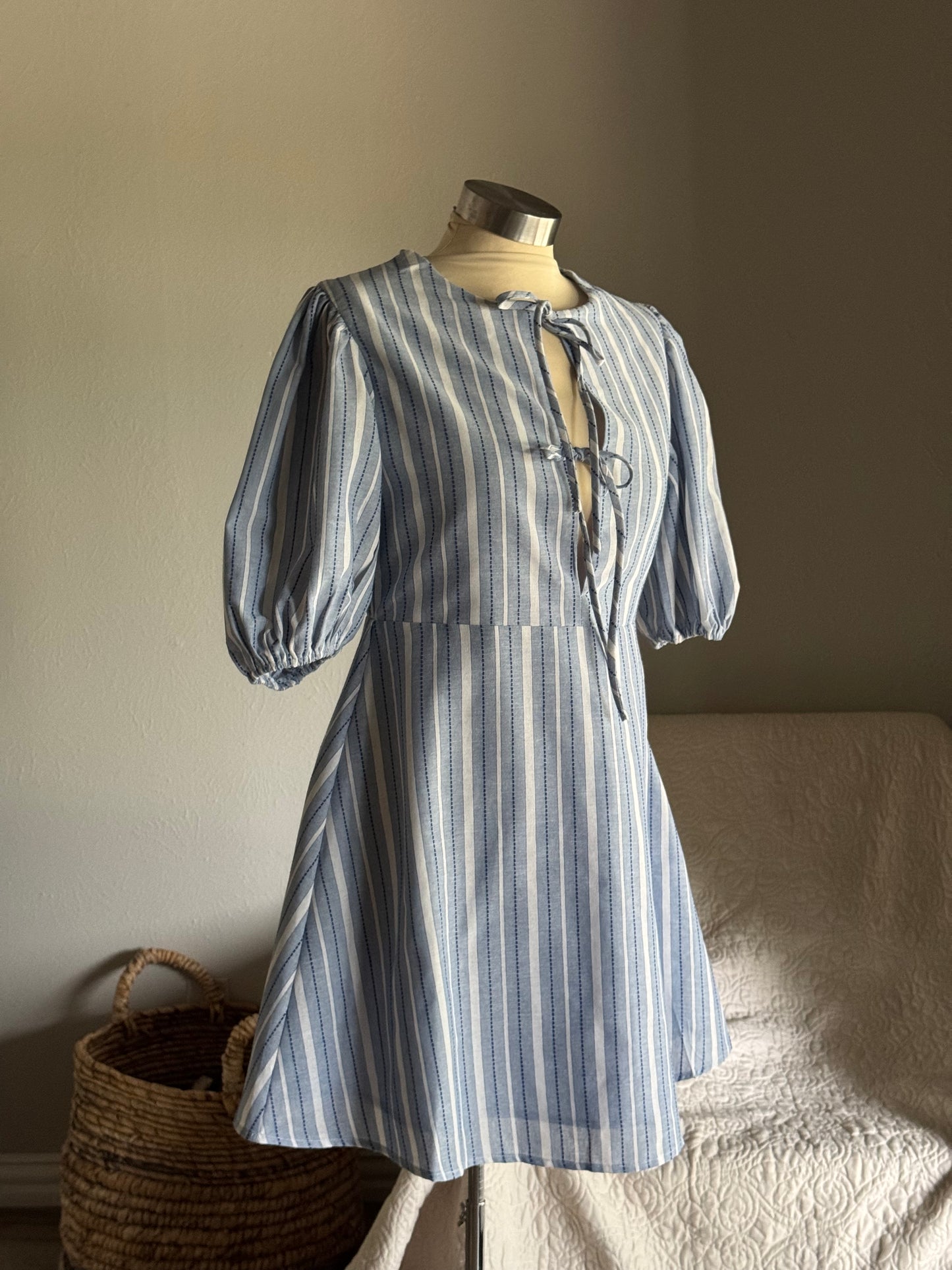Patricia Cotton Striped Embroidered Tie Front Dress In Sky￼￼