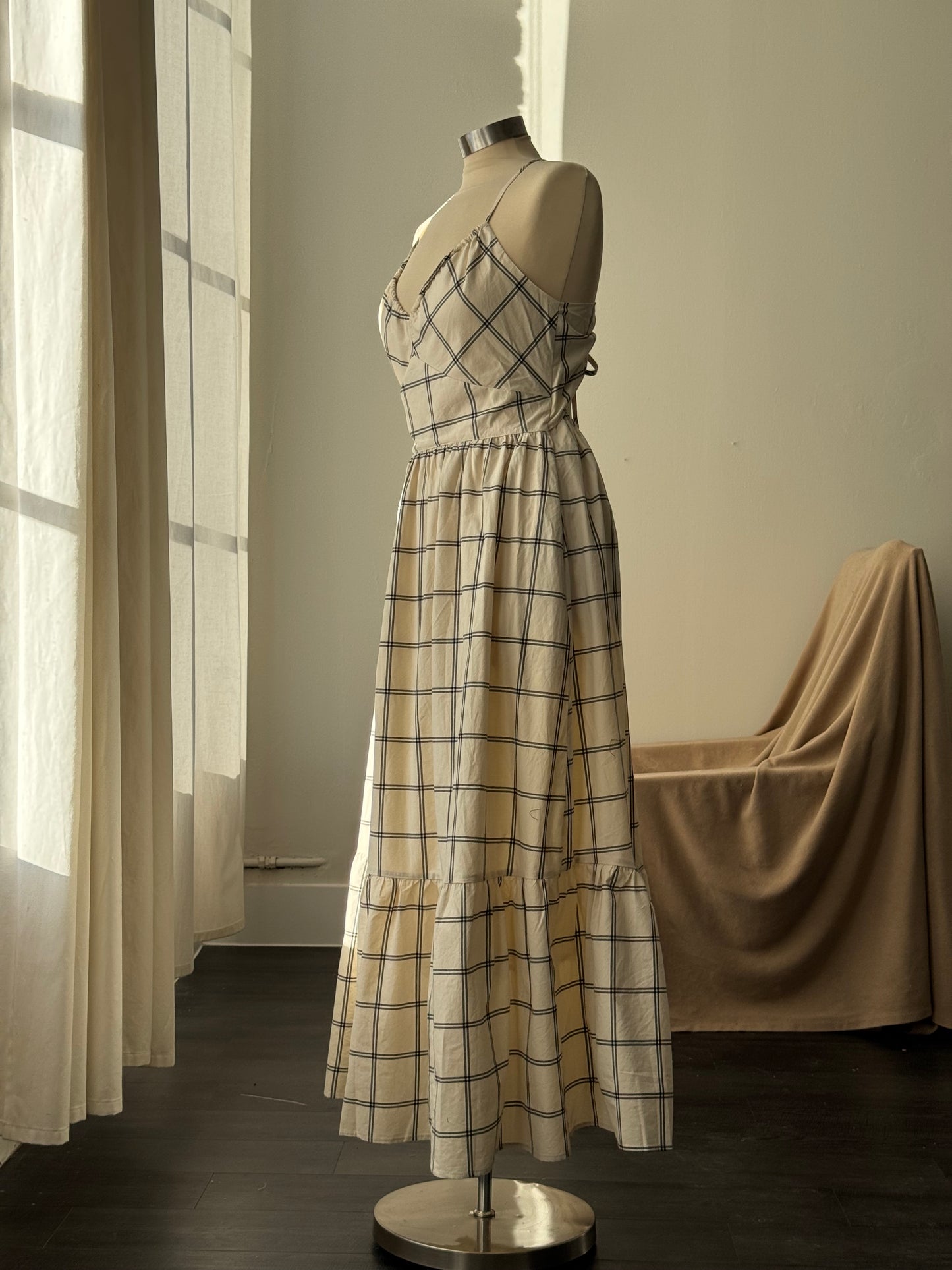 Lydia Cotton Plaid Maxi Dress In Cream￼