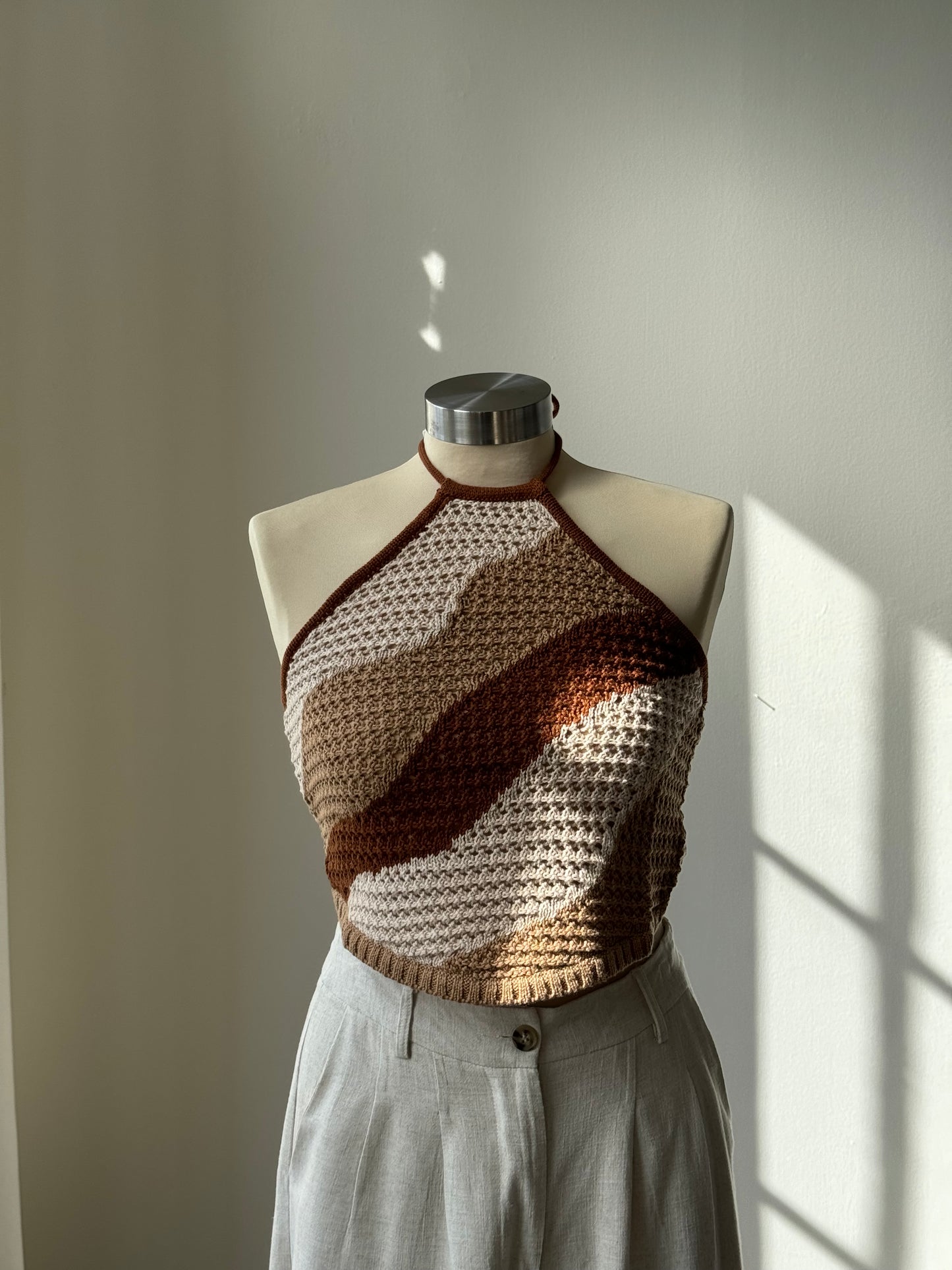 Billie Cotton Crochet Wave Open Back Halter Top In Brown