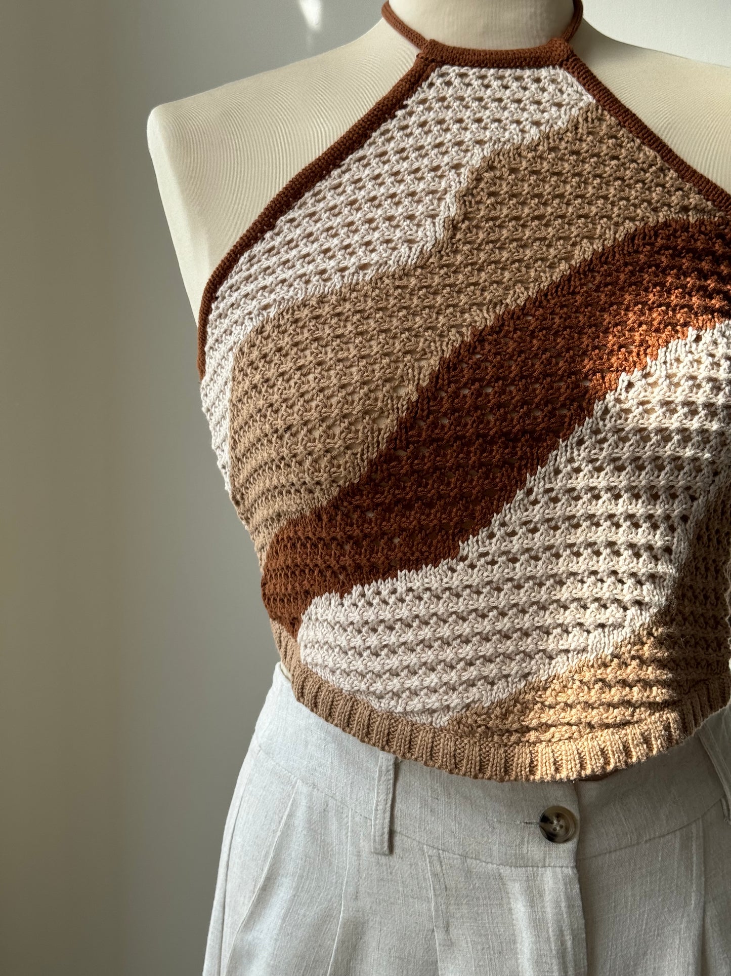 Billie Cotton Crochet Wave Open Back Halter Top In Brown