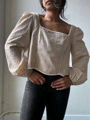 Marcella Cotton Button Back Striped Crop Top In Taupe