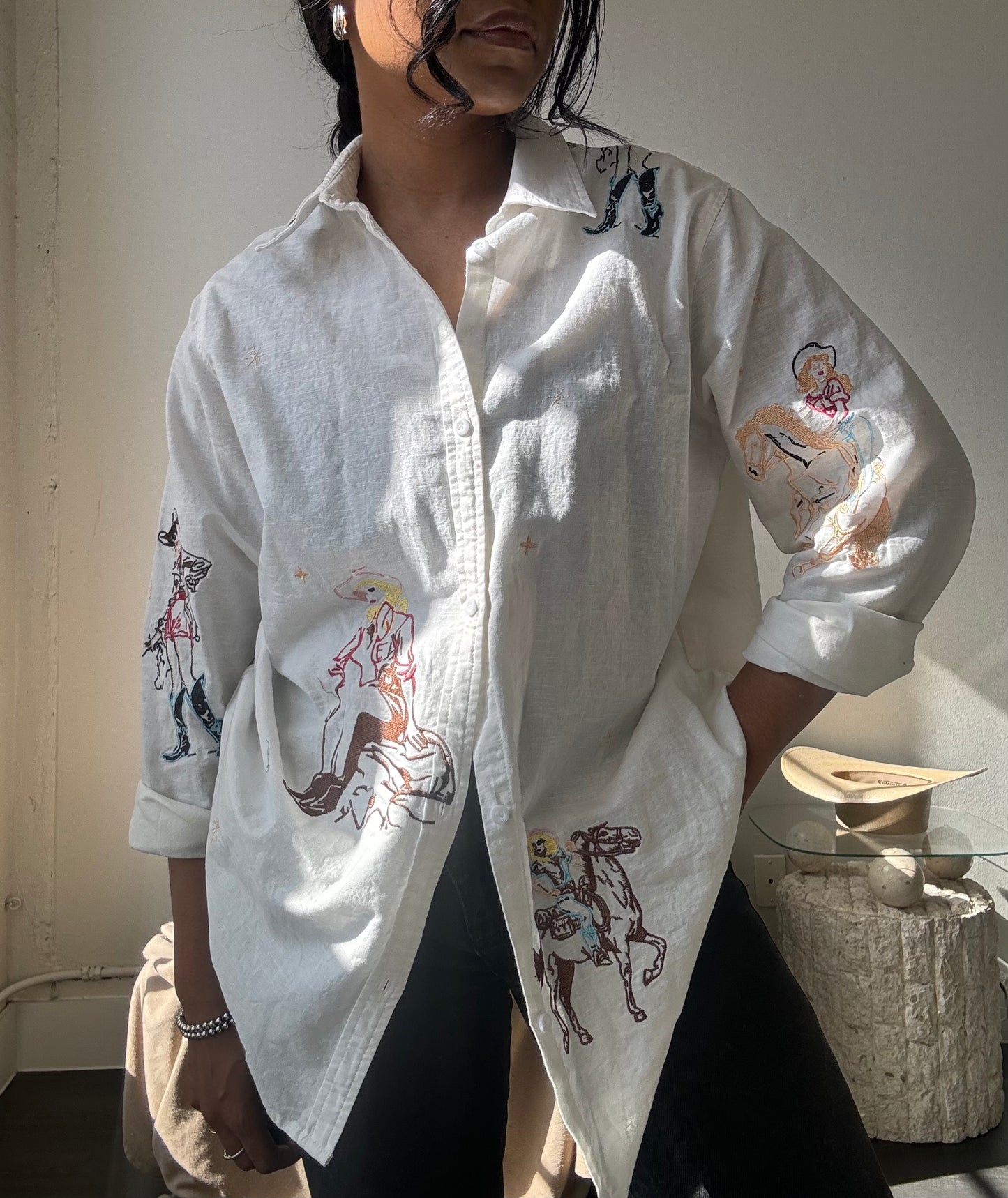 Llewellyn Cotton & Linen Embroidered Cowgirl Button Down