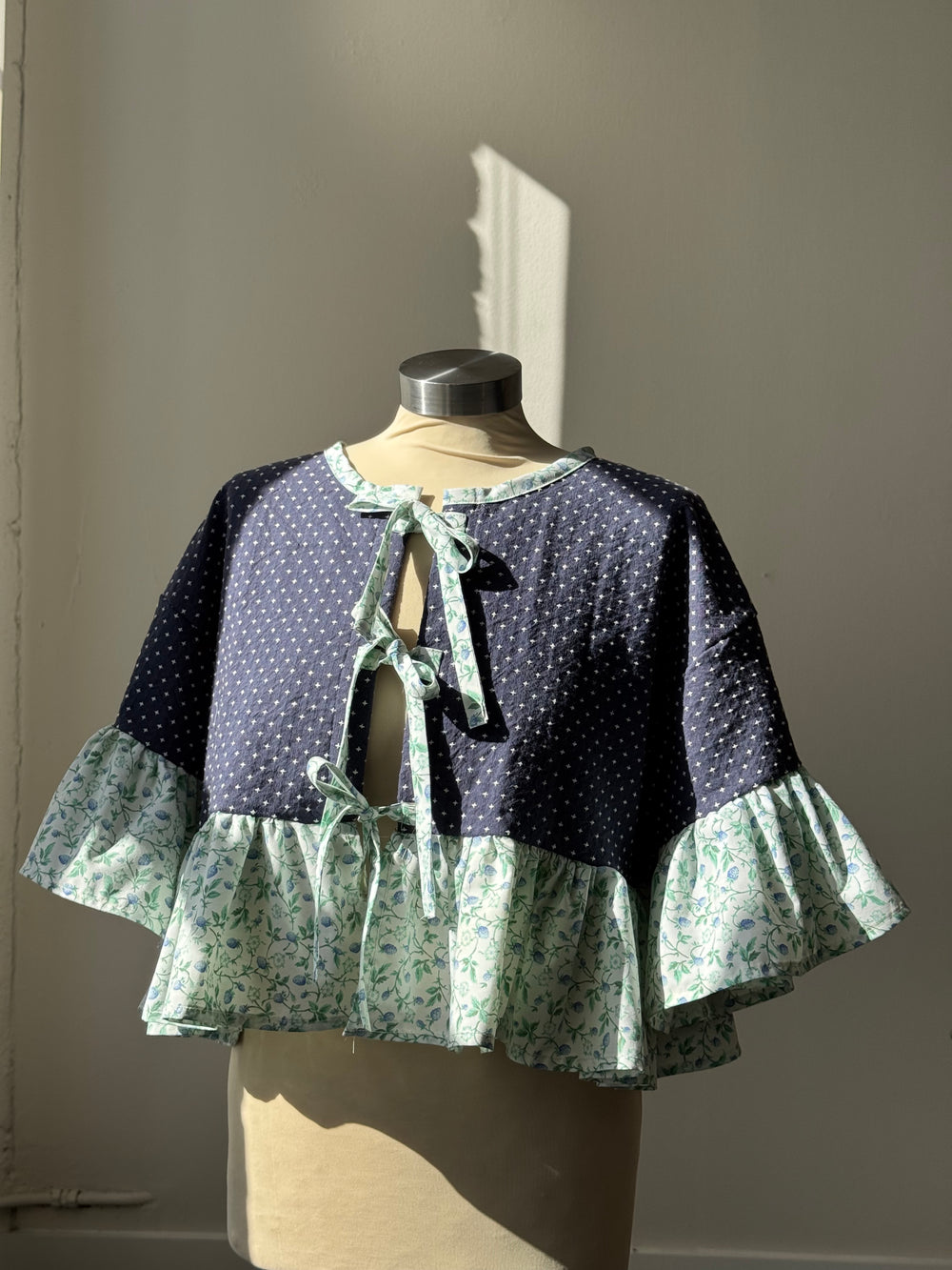 Joycie Vintage Cotton Handcrafted Ruffle Top In Navy