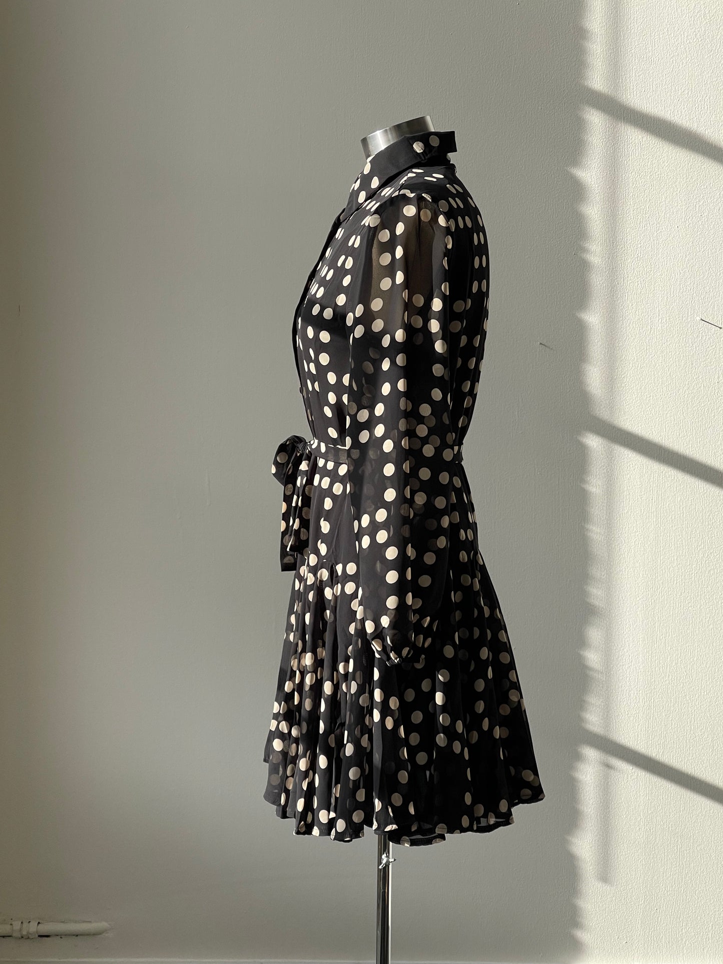 Miley Polkadot Belted Sheer Balloon Sleeve Button Down Dress In Midnight Navy