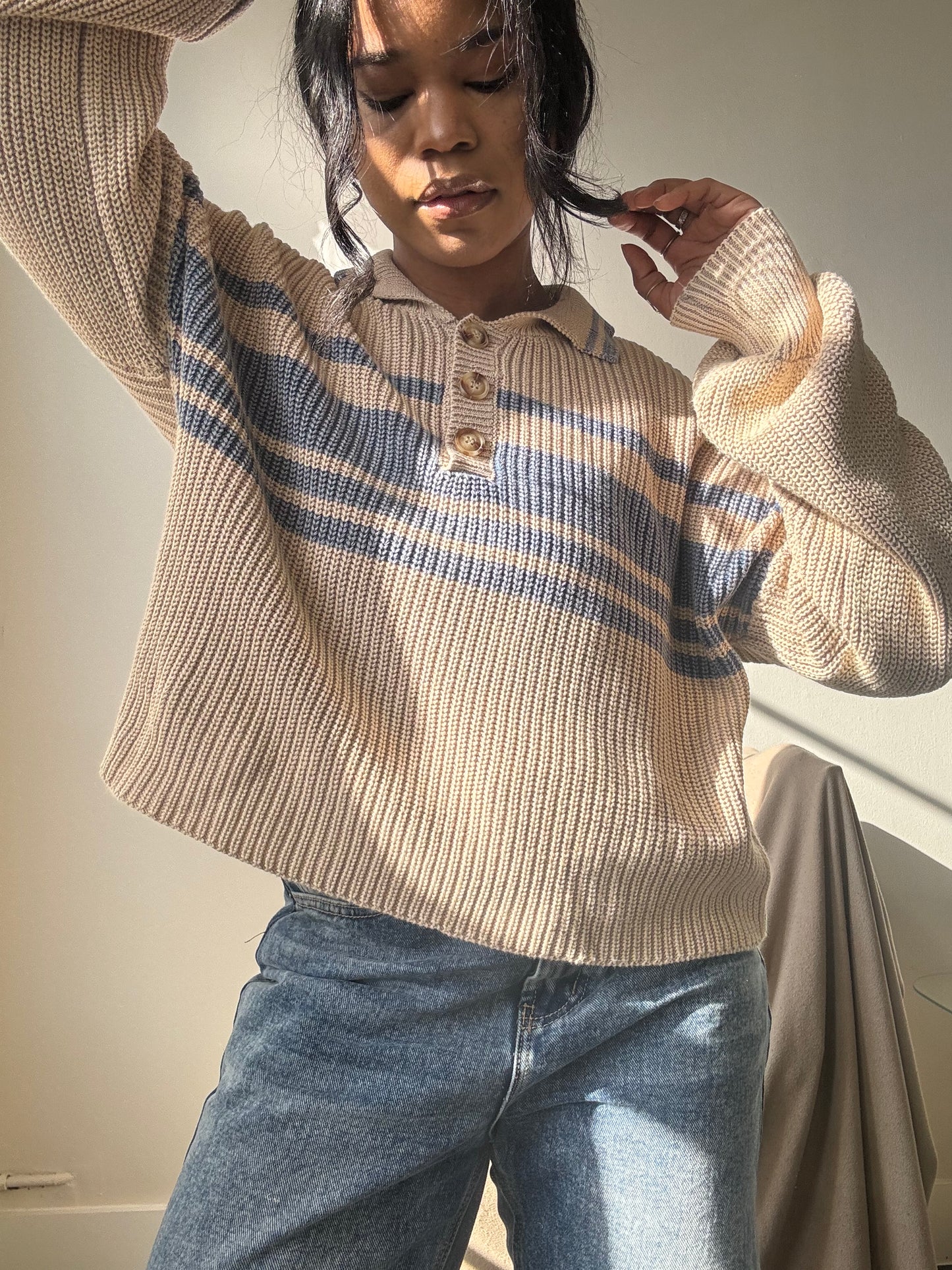 Malcolm Cotton Classic 90s Style Cropped Sweater In Vintage Blue