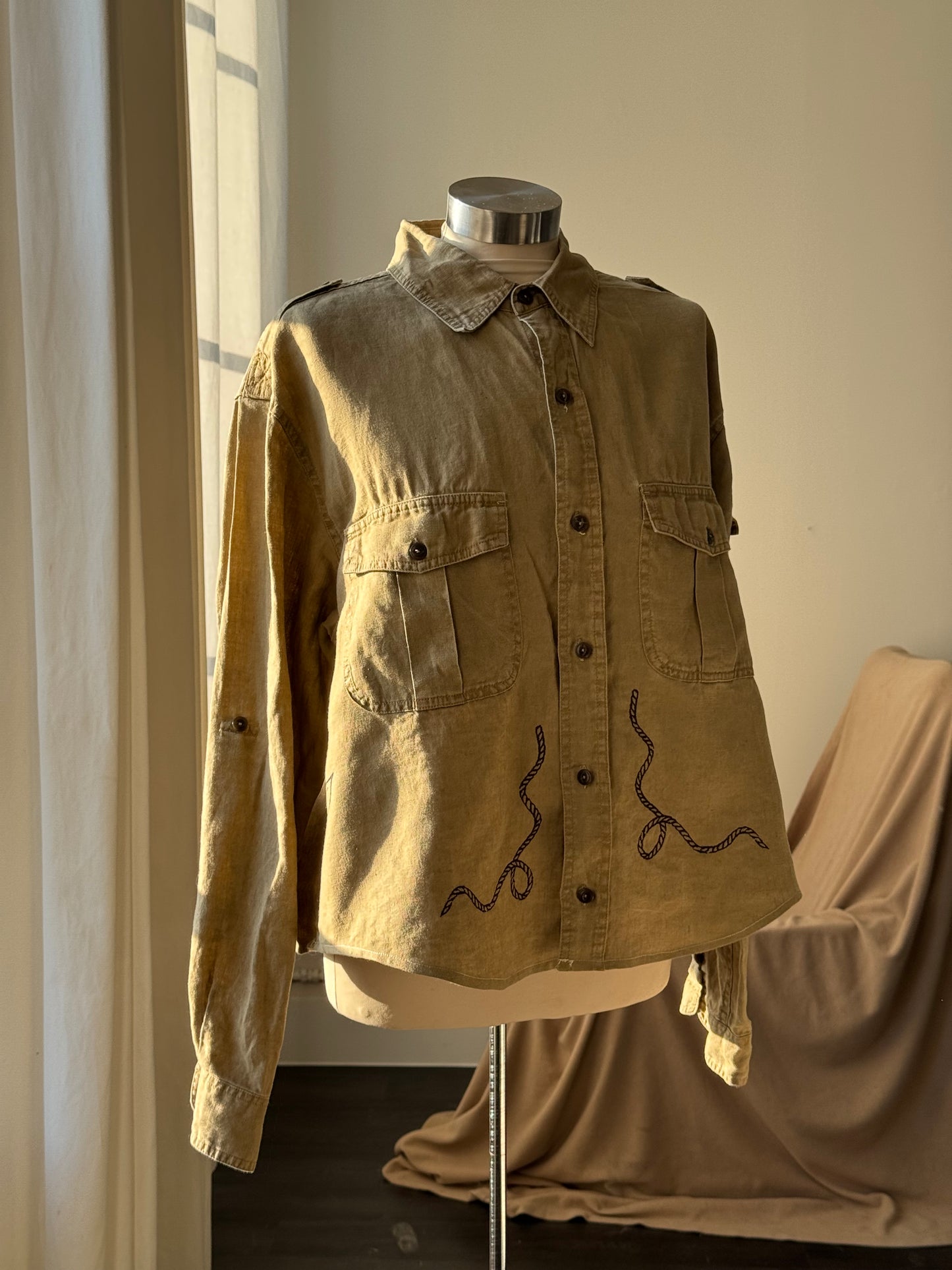The Lawrence Handcrafted Utility Cropped Linen Button Down Shacket In Sand